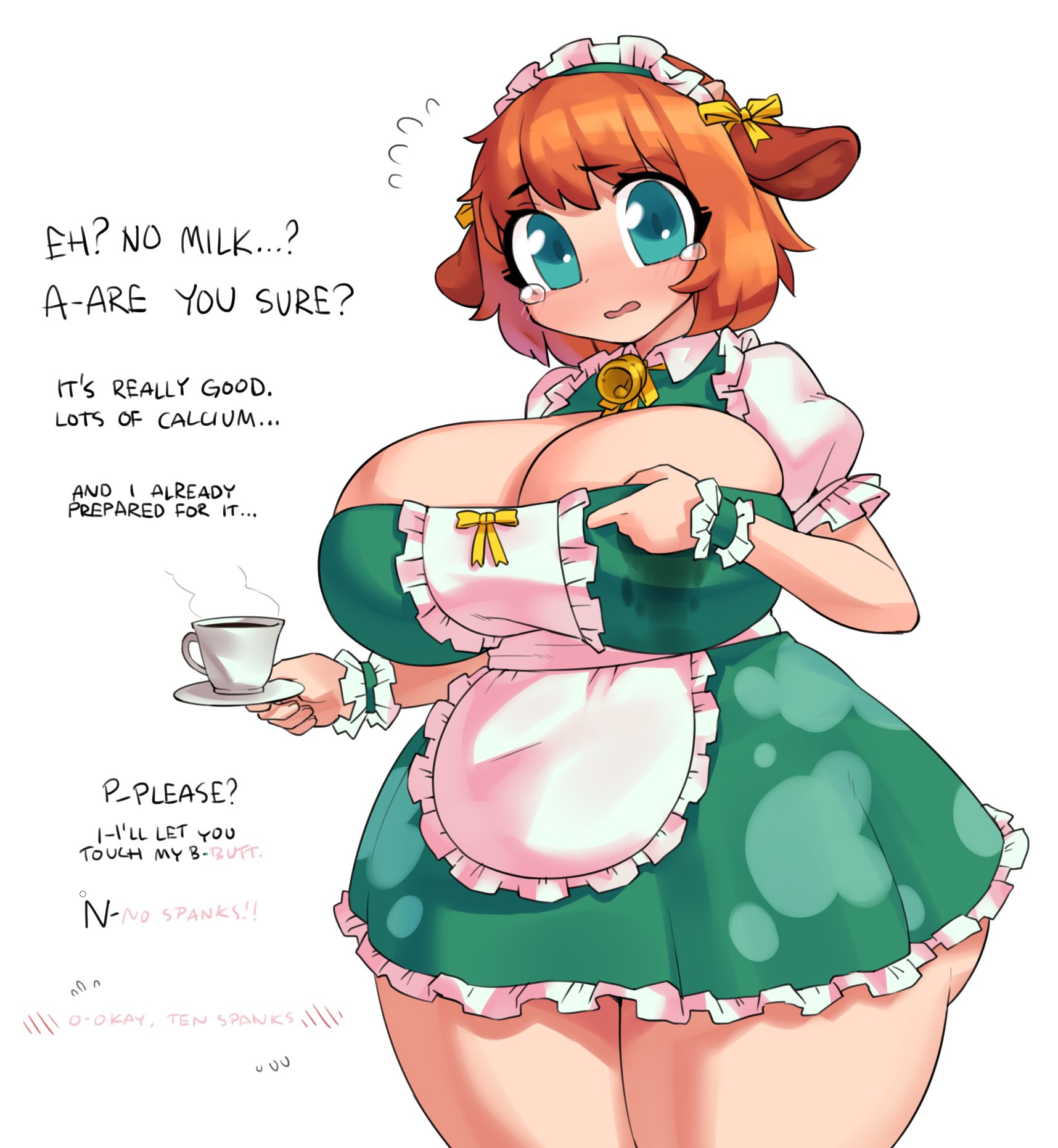 1girls, ass, big ass, big breasts, big butt, blue eyes, borvar, breasts, butt, chubby, chubby female, cow ears, cow girl, digital drawing (artwork), digital media (artwork), fat, fat ass, fat butt, fat female, female, ginger, ginger hair, huge ass, huge breasts, huge butt, lactation, lactation through clothes, large ass, large breasts, large butt, looking at viewer, maid, maid uniform, massive ass, massive breasts, massive butt, milk, milk squirt, orange hair, orange hair female, orange-haired female, overweight, overweight female, plump, short hair, slightly chubby, talking to viewer, tea, text, thick thighs