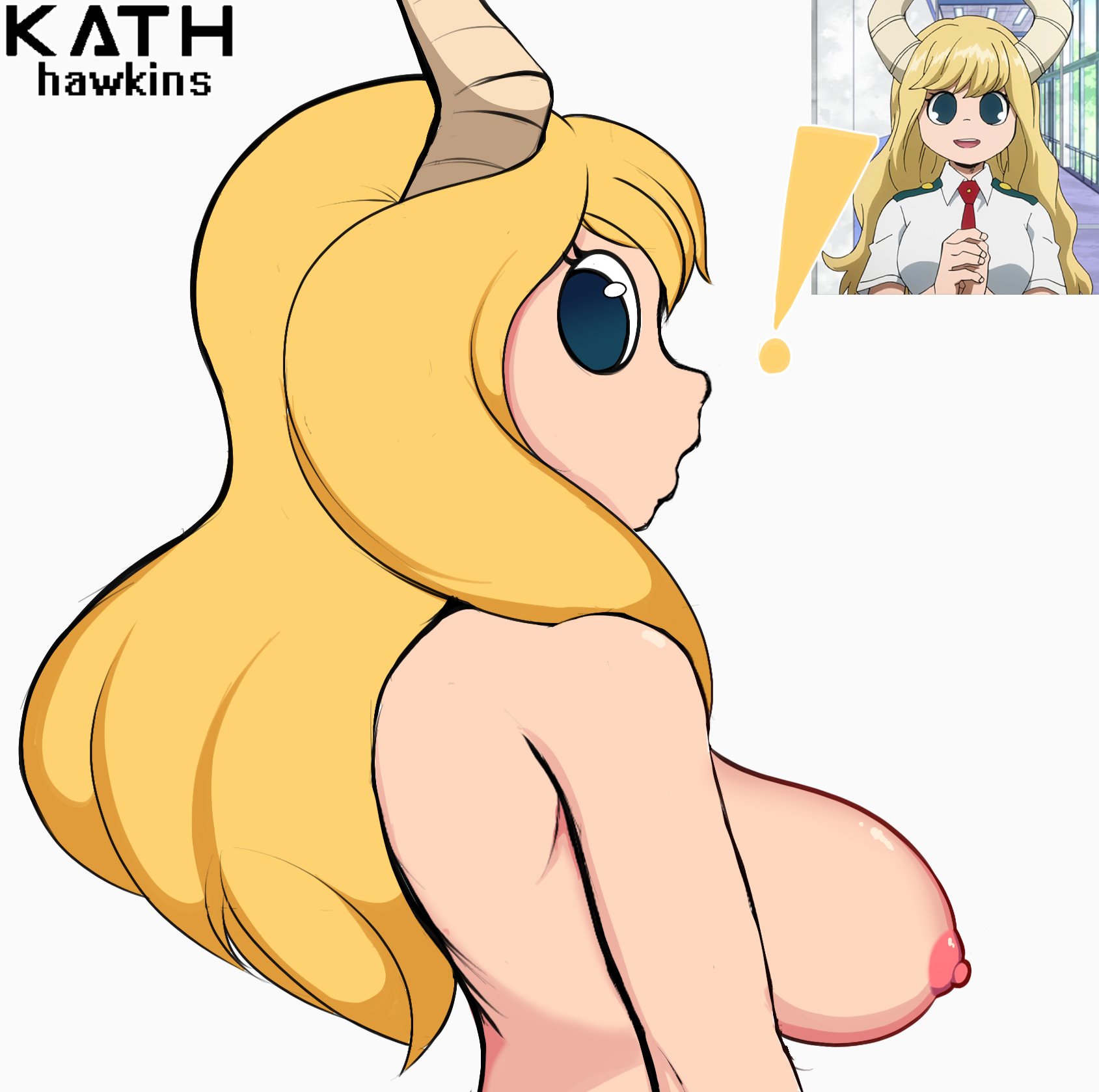 1girls, big breasts, blonde hair, blue eyes, breasts, female, horns, my hero academia, shounen jump, side view, sole female, tsunotori pony