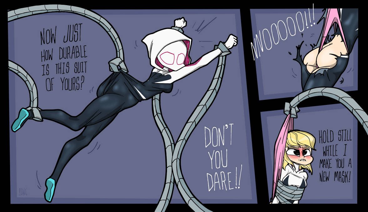 1girls, atomic wedgie, blonde hair, comic, dialogue, digitalwedgieart, doctor octopus, female, gwen stacy, male, marvel, marvel comics, offscreen male, panties, pink panties, spider-gwen, text, torn clothes, wedgie