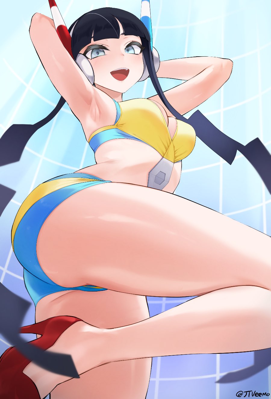 1girls, armpits, ass, black hair, breasts, cleavage, elesa (pokemon bw2), elesa (pokemon), female, female focus, female only, gym leader, high heels, jtveemo, looking at viewer, nintendo, pokemon, pokemon bw2, solo
