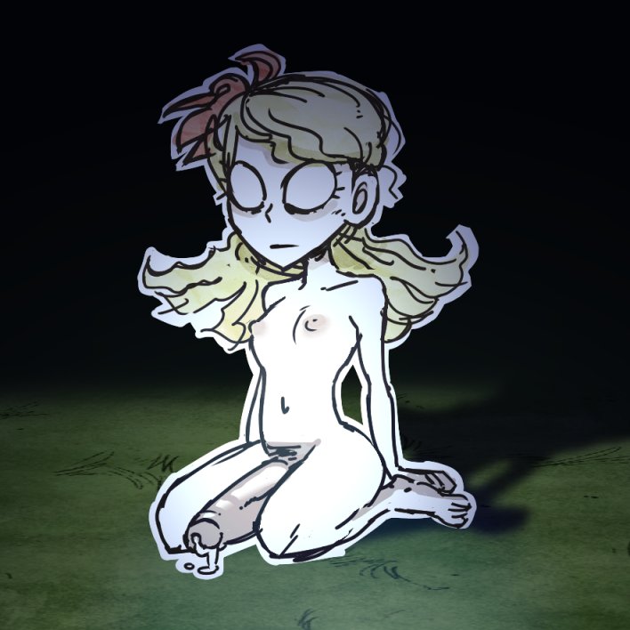 1futa, 2d, alternate version available, areolae, barefoot on grass, big penis, blank eyes, blonde hair, breasts, casual nudity, completely nude, don't starve, don't starve (series), don't starve together, female version available, flower in hair, futa only, futanari, human, intersex, klei entertainment, light skin, light-skinned futa, long hair, naked, nipples, no pupils, notaustinnotsfw, nude, nude futa, pale skin, penis, precum, sitting, small breasts, solo, wendy carter