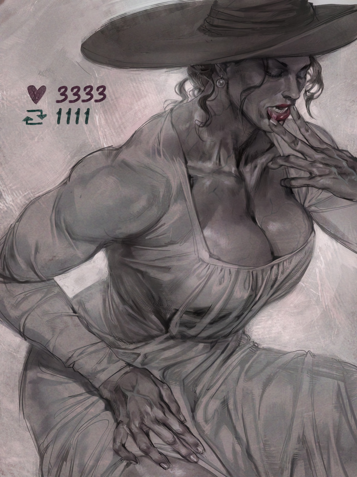 alcina dimitrescu, black hair, breasts, busty, capcom, cleavage, closed eyes, female, large breasts, light skin, light-skinned female, lips, lipstick, muscular, muscular female, pale skin, pale-skinned female, red lipstick, resident evil, resident evil 8: village, solo, tight clothing, toned, vales arts