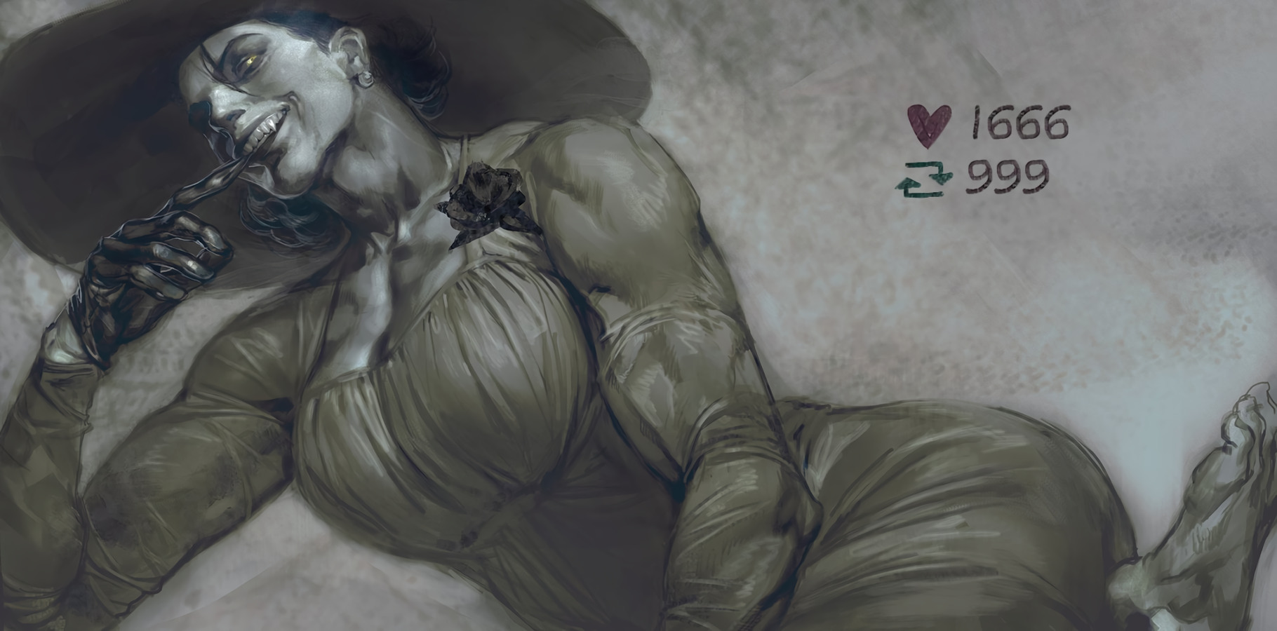 alcina dimitrescu, black hair, capcom, dress, fangs, feet, female, gloves, glowing eyes, hat, light skin, light-skinned female, pale skin, pale-skinned female, resident evil, resident evil 8: village, smirk, solo, teeth, vales arts, yellow eyes