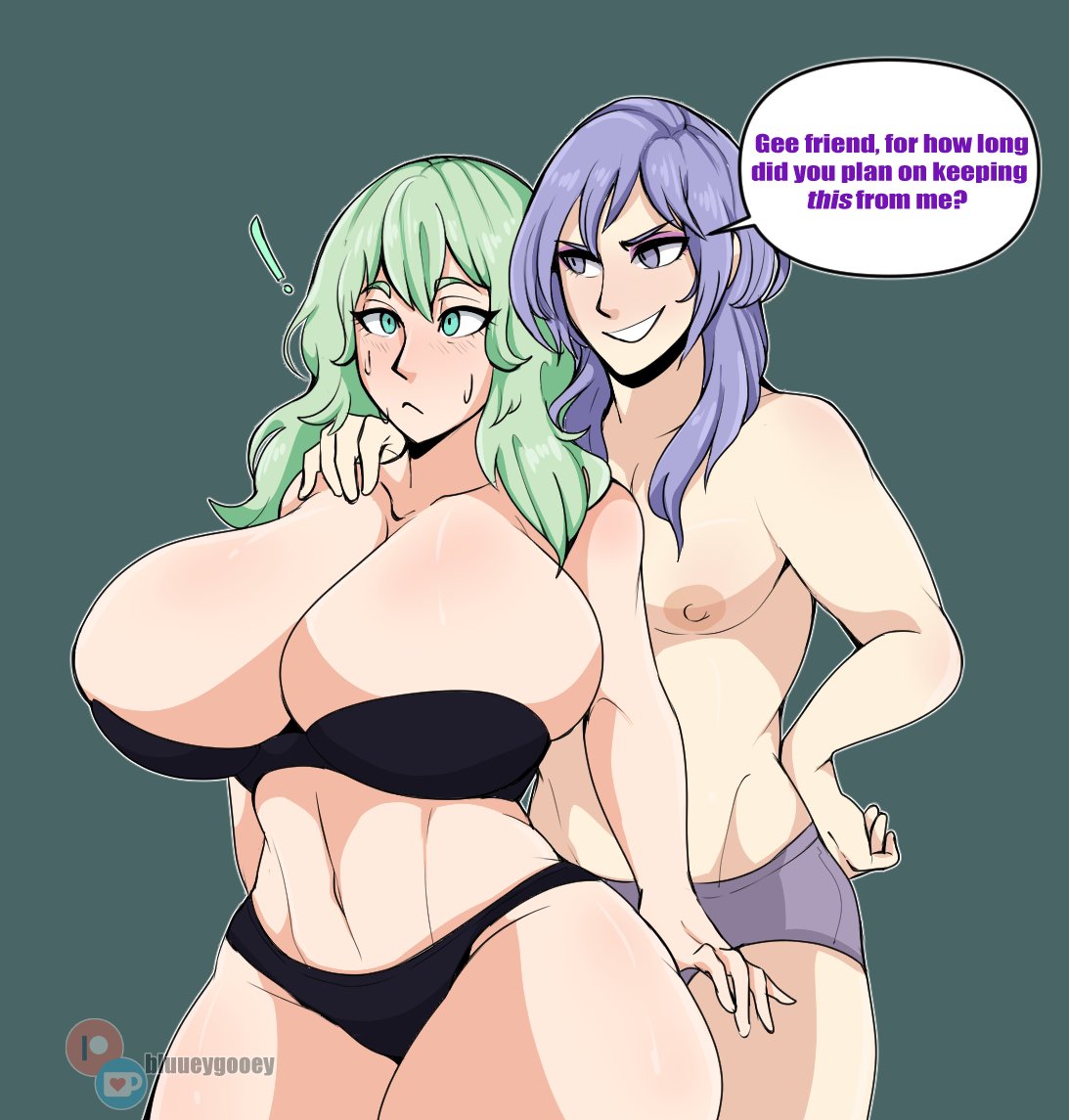 1boy alternate_breast_size alternate_version_available big_breasts black_bra black_panties bluueygooey bra byleth_(fire_emblem) byleth_(fire_emblem)_(female) curvaceous curvy_body curvy_hips dialogue english_text female fire_emblem fire_emblem:_three_houses green_eyes green_hair hand_on_shoulder huge_breasts hyper_breasts male/female nintendo purple_eyes purple_hair purple_underwear shocked_expression smile smiling source_request text text_bubble underwear voluptuous yuri_leclerc