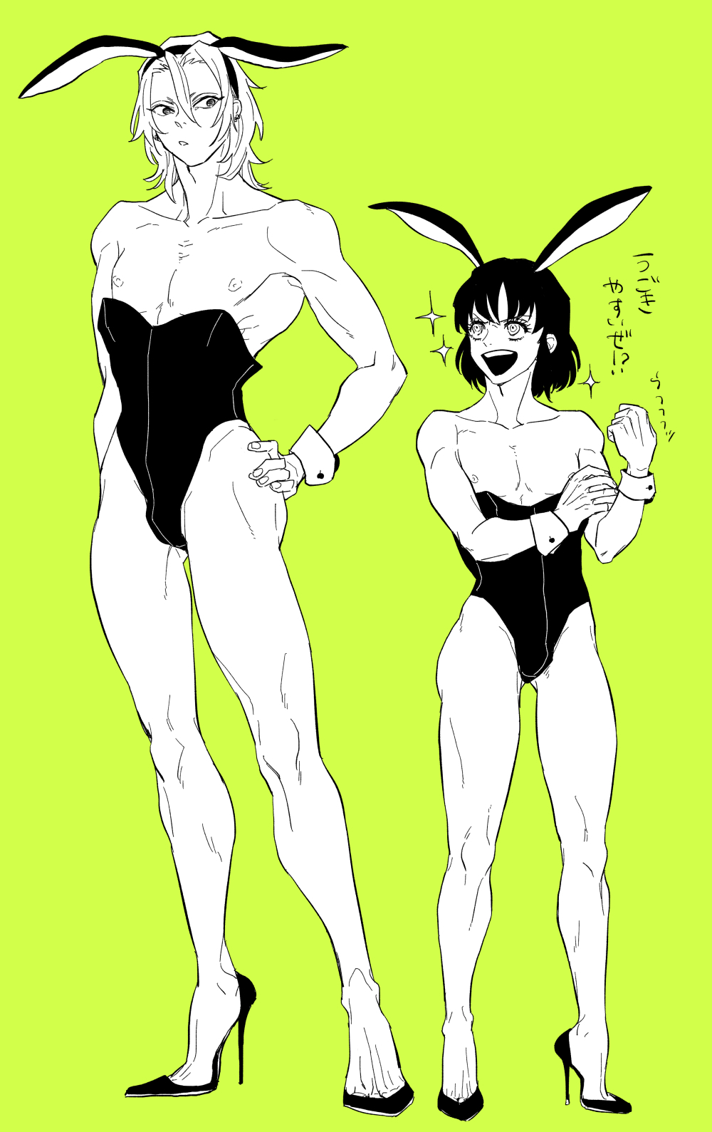 2boys alternate_costume ambush_(trap) bunny_ears bunnysuit demon_slayer femboy green_background hair_down high_heels inosuke_hashibira kimetsu_no_yaiba line_art male male_only monochrome muscular pecs tall uzui_tengen yabuki_(artist)