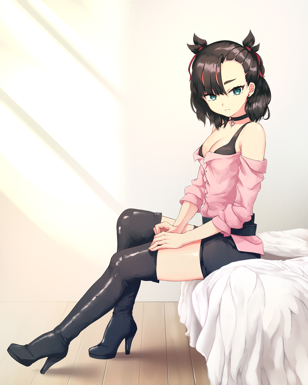 asymmetrical bangs, asymmetrical hair, bangs, bare shoulders, black bra, black choker, black footwear, black hair, black legwear, black skirt, boots, bra, breasts, casual, choker, collarbone, commentary request, creatures (company), female, from side, frown, fully clothed, game freak, green eyes, hair ribbon, high heel boots, high heels, highres, long hair, looking at viewer, marnie (pokemon), medium breasts, nintendo, pink shirt, pokemon, pokemon (game), pokemon ss, red ribbon, ribbon, ruby suguri, shirt, sitting, skirt, solo, source request, thigh boots, thighhighs, underwear