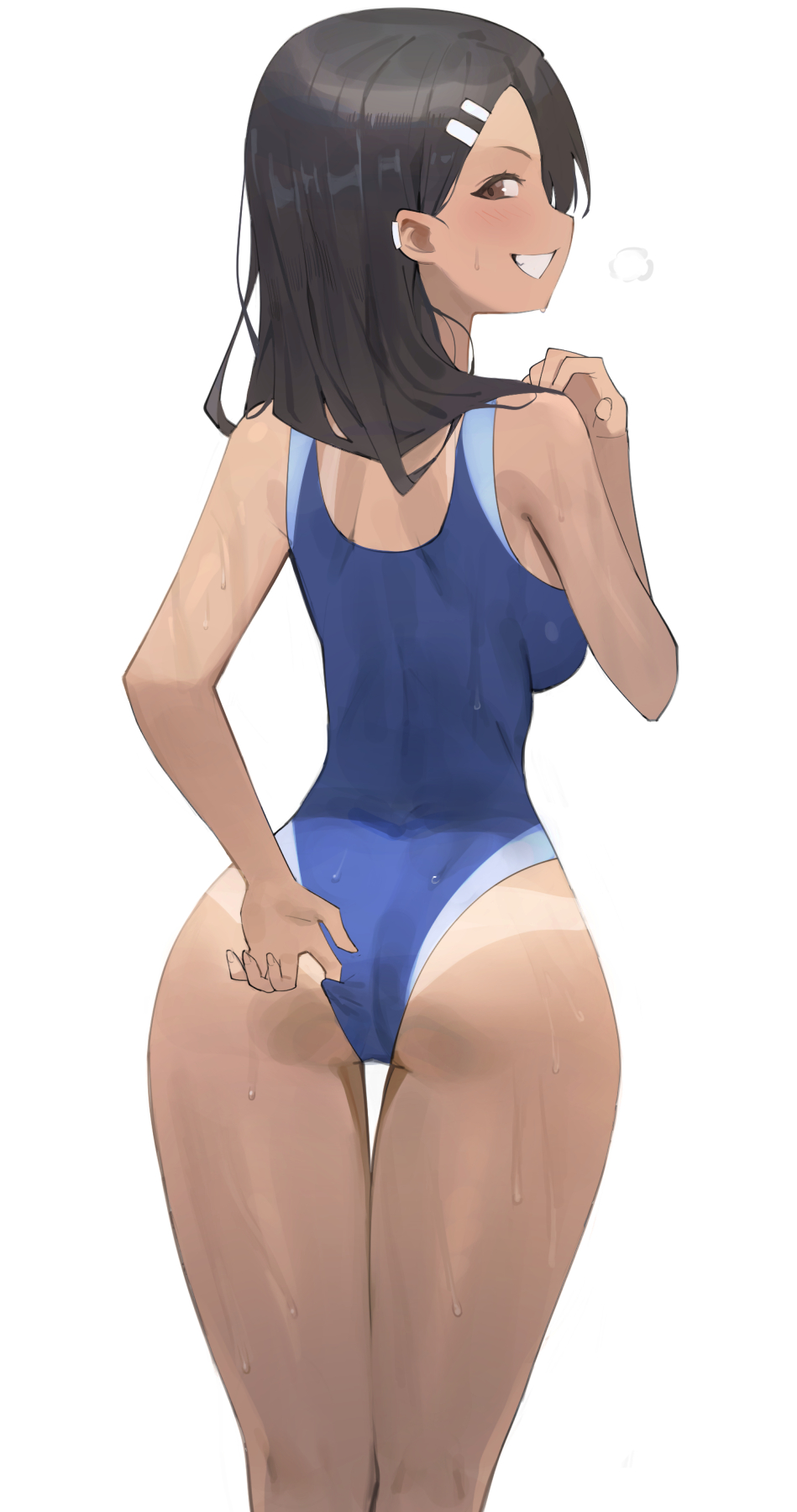 1girls 2021 armpit_crease ass ass_cheeks ass_focus ass_shot back back_view backboob black_hair blue_swimsuit blush breasts brown_eyes bubble_butt butt competition_swimsuit dat_ass female female_focus female_only hairclip hayase_nagatoro hood_x_art long_hair looking_at_viewer looking_back medium_breasts naughty_face one-piece_swimsuit petite please_don't_bully_me,_nagatoro reaching_back school_swimsuit schoolgirl sideboob simple_background slim_waist small_ass smug smug_face smug_grin solo standing suggestive_look swimsuit_pull tan tan-skinned_female tanline tanlines tanned_skin teasing teasing_viewer thigh_gap thighs tight_clothing tight_fit tight_swimsuit wet wet_body white_background