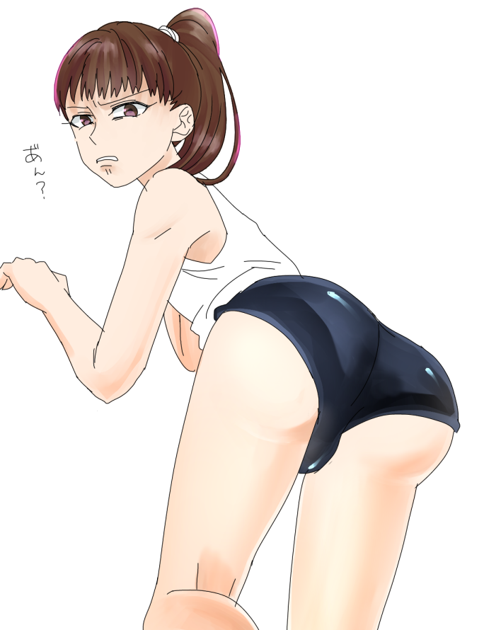 androgynous annoyed ass bloomers brown_eyes brown_hair bulge bulge_through_clothing buruma disdain femboy kanabun_(shoujo_tsubaki) looking_at_viewer looking_back male_only ponytail shoujo_tsubaki solo