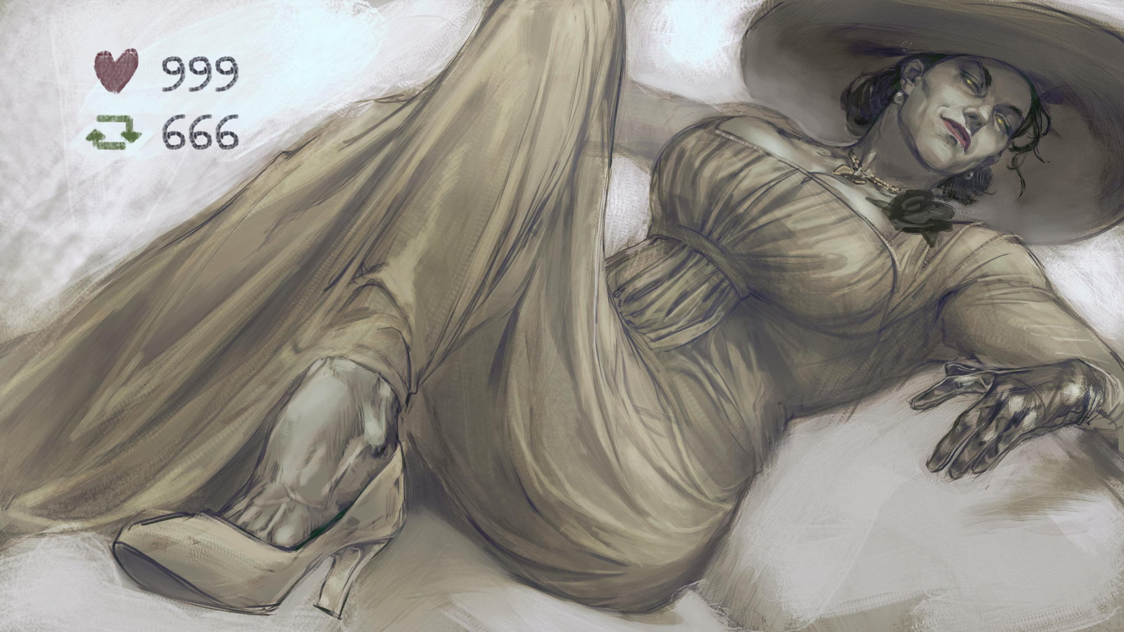 alcina dimitrescu, black hair, breasts, capcom, dress, feet, female, gloves, glowing eyes, hat, high heels, pale skin, resident evil, resident evil 8: village, solo, vales arts, yellow eyes