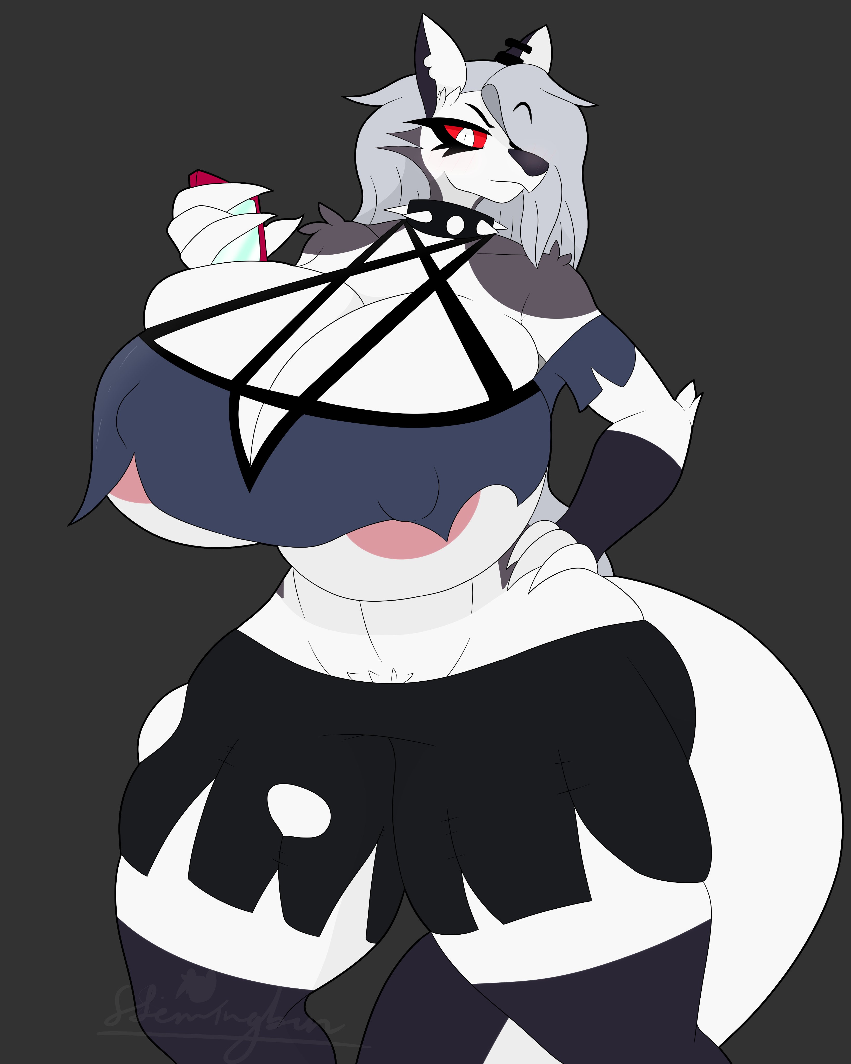1girls, absurd res, anthro, areola, areola slip, big breasts, black nose, bottomwear, breasts, canid, canid demon, canine, canis, cellphone, clothing, collar, demon, ear piercing, eyebrows, female, fur, hair, hellaverse, hellhound, helluva boss, hi res, holding cellphone, holding object, holding phone, huge breasts, looking at viewer, loona (helluva boss), mammal, midriff, mythological canine, mythological creature, mythology, nipple outline, notched ear, phone, piercing, raised eyebrow, red sclera, shorts, silver hair, smartphone, solo, spiked collar, spikes, stemingbunbun, tail, thick thighs, vivienne medrano, white body, white eyes, white fur, white tail, wolf