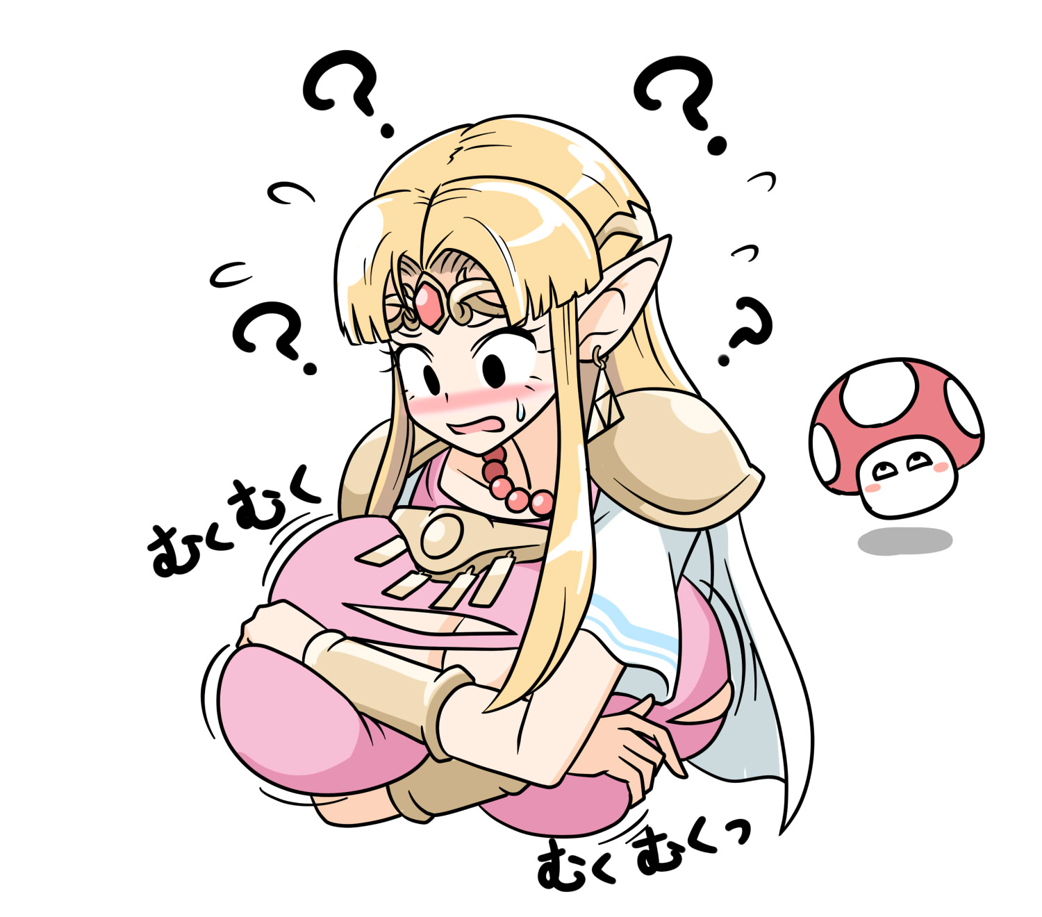1girls, 2021, a link between worlds, big breasts, blonde hair, blush, breast expansion, breast growth, breast growth (enlargement), breasts, bursting breasts, embarrassed, female, female only, haruozi, holding breast, huge breasts, large breasts, mario (series), nervous, nintendo, pointy ears, princess zelda, solo, solo female, the legend of zelda, torn clothes, zelda (a link between worlds)