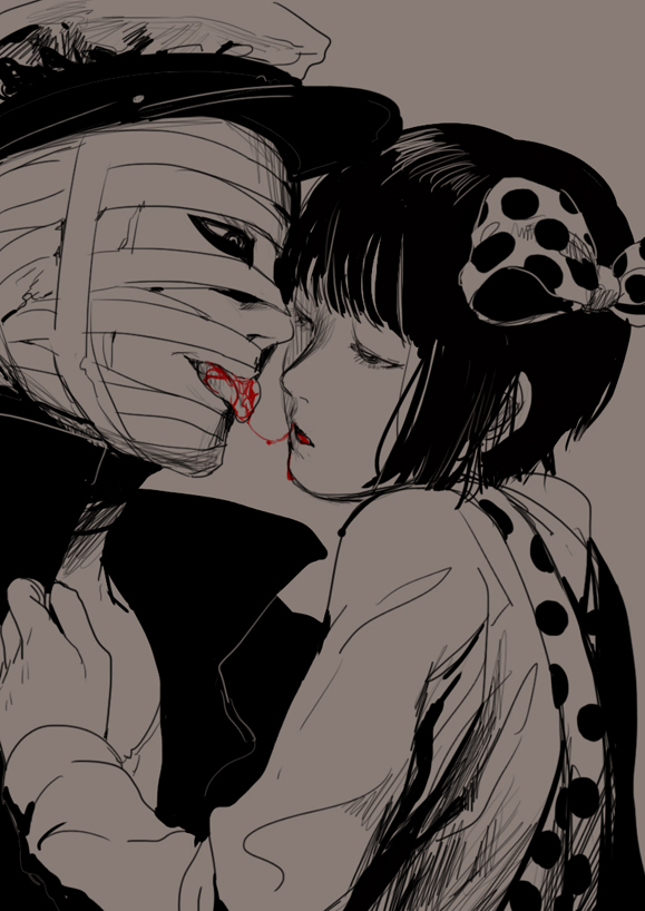 1boy 1girls bandages blood hair_ribbon half-closed_eyes kissing looking_at_another midori_(shoujo_tsubaki) military_hat muchisute mummy polka_dot short_hair shoujo_tsubaki tongue