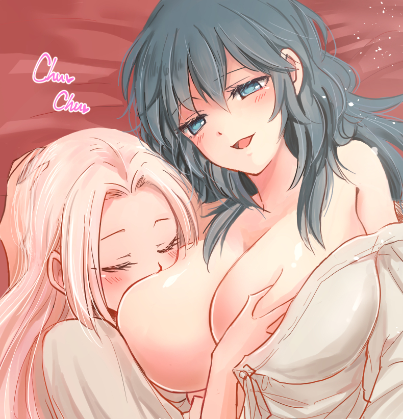 2girls big_breasts blue_eyes blush blushing breast_grab breast_squeeze breast_squish breast_sucking breasts byleth_(fire_emblem) byleth_(fire_emblem)_(female) closed_eyes couple couple_(romantic) couple_love edelgard_von_hresvelg english_text eyes_closed female female/female female_only fire_emblem fire_emblem:_three_houses fire_emblem_heroes hair_between_eyes hand_in_hair hand_on_head huge_breasts human human_only intimate kiss kissing large_breasts lesbian long_hair love milf multiple_girls nagasawa_(tthnhk) nintendo open_clothes open_shirt open_smile romantic romantic_couple shirt shirt_open shirt_unbuttoned smile smiling soft soft_breasts sound_effects squish squished_breasts teal_hair text white_hair wholesome young_woman young_woman_and_milf yuri