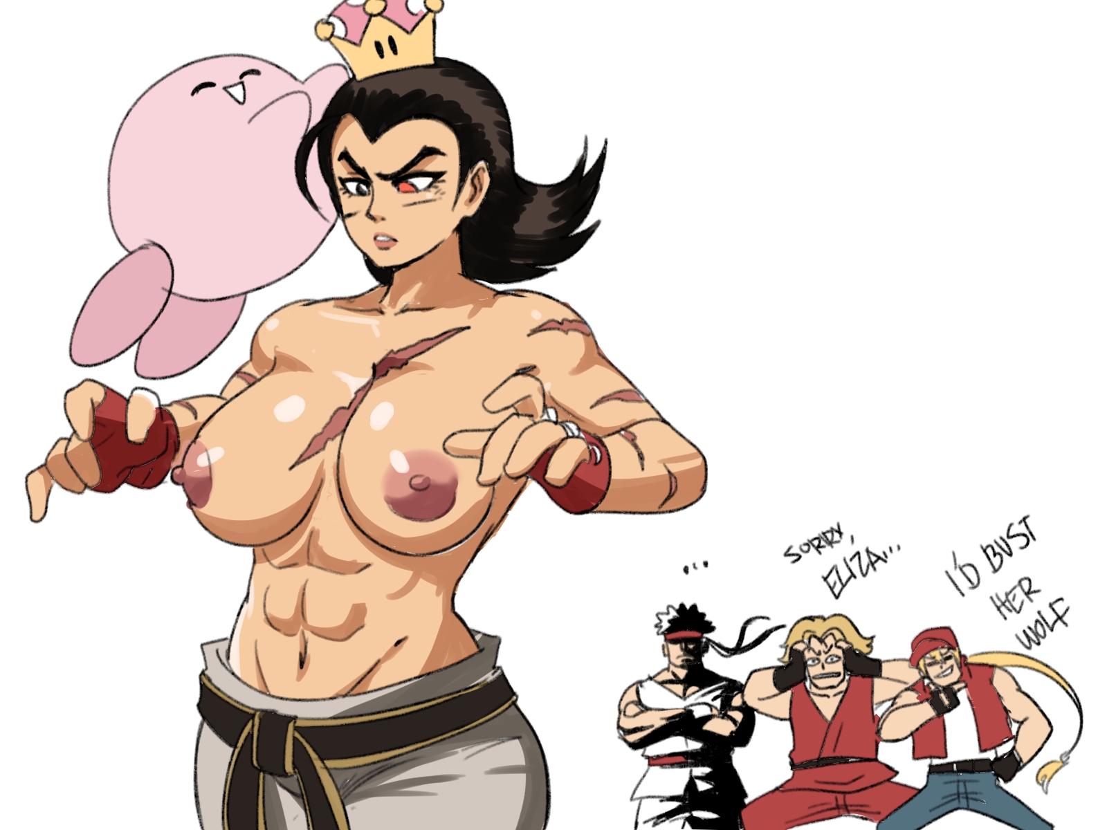 1girls, 1other, 3boys, 4:3, ambiguous gender, big breasts, black hair, blonde hair, breasts, crossover, crown, fatal fury, female, female focus, huge breasts, kazuya mishima, ken masters, king of fighters, kirby, kirby (series), large breasts, male, mario (series), multiple boys, multiple males, new super mario bros. u deluxe, nintendo, nipples, partially clothed, rule 63, ryu (street fighter), scar, scars, snk, source request, street fighter, super crown, super smash bros., super smash bros. ultimate, tekken, terry bogard, tinafate1, topless, transformation