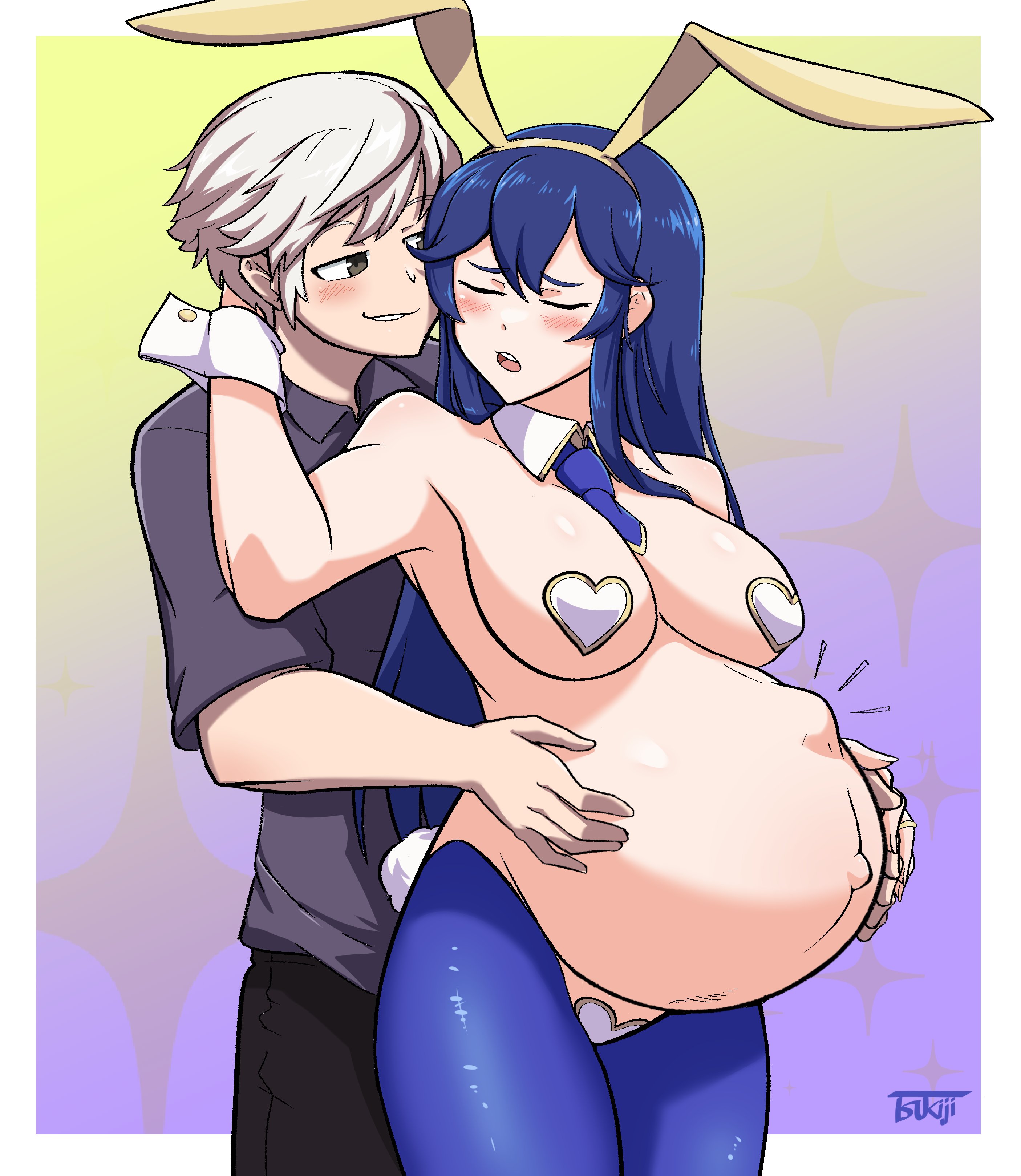 1boy, 1girls, belly hold, blush, breasts, bunny ears, bunny girl, bunny tail, bunnysuit, female, fetal movement, fire emblem, fire emblem awakening, hand on another's stomach, hand on belly, hands on belly, heart pasties, holding belly, lucina (fire emblem), male, nintendo, pasties, pregnant, reverse bunnysuit, robin (fire emblem), robin (fire emblem) (male), tie, tsukiji, wholesome