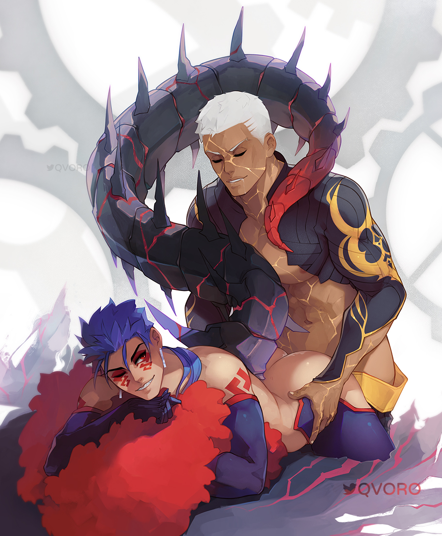 2boys anal ass bare_shoulders buzz_cut cu_chulainn_(fate)_(all) cu_chulainn_alter_(fate/grand_order) dark-skinned_male dark_skin dragon_boy dragon_tail ear_piercing emiya_alter fate/grand_order fate_(series) hands_on_another's_hips happy_sex interracial long_hair lying male_focus monster_boy multiple_boys muscular muscular_male navel nipple_slip nipples on_stomach pectorals piercing ponytail qvoro sex short_hair smile smirk stomach tail tail_raised very_short_hair white_hair yaoi