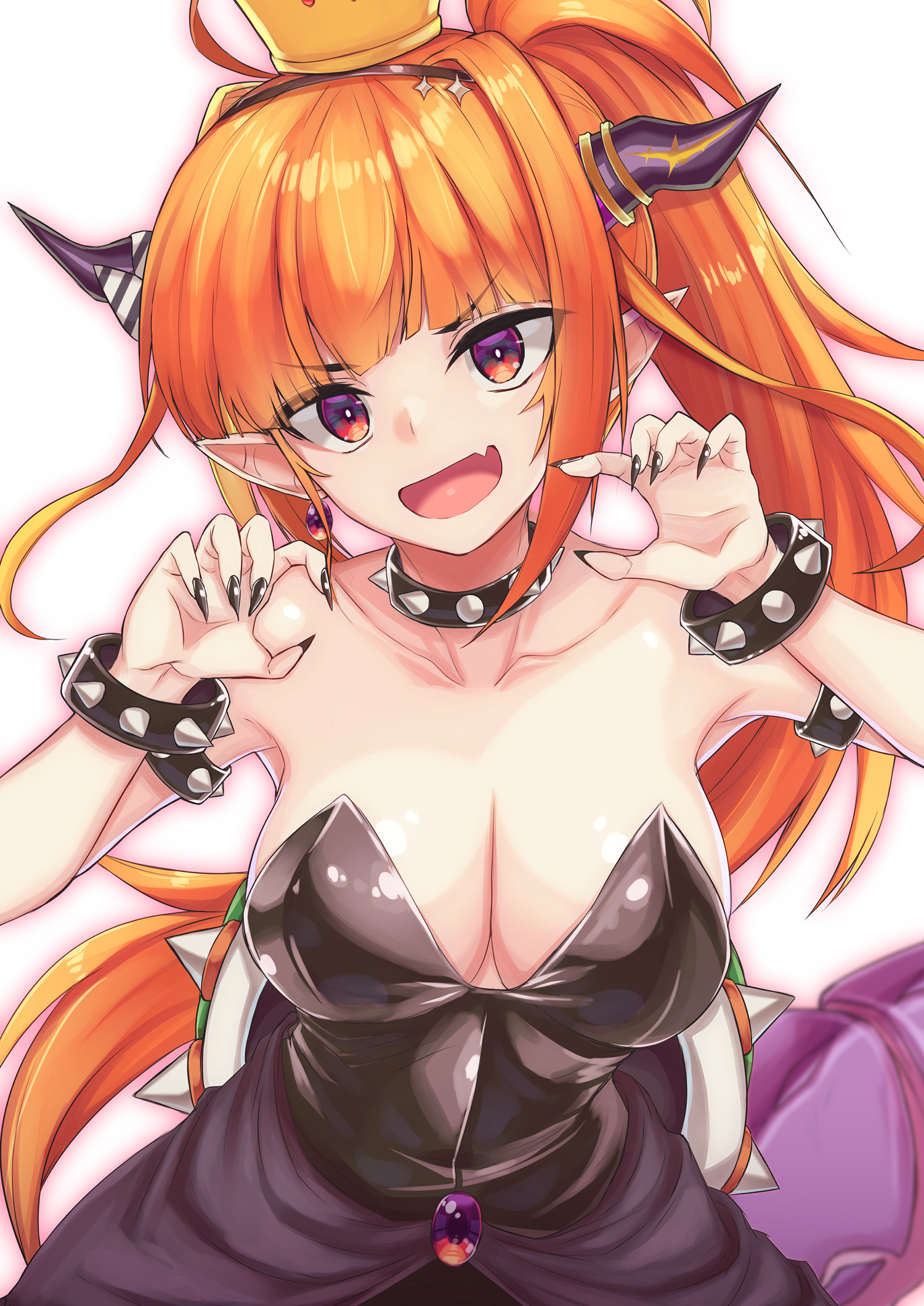 1girls, 2021, absurd res, armlet, armpits, bare shoulders, black dress, black nails, bowsette (cosplay), bracelet, breasts, claw pose, cleavage, clothing, collar, cosplay, crossover, crown, dragon girl, dragon tail, dress, earrings, eyebrows visible through hair, fangs, female, female focus, female only, hair ornament, hairband, highres, holoforce, hololive, hololive japan, horns, jewelry, kiryu coco, large breasts, long ears, long fingernails, long hair, long ponytail, looking at viewer, mario (series), matching hair/eyes, nail polish, new super mario bros. u deluxe, nintendo, open mouth, orange eyes, orange hair, pointy ears, ponytail, ralf (artist), sharp fingernails, shell, solo, spiked armlet, spiked bracelet, spiked collar, spiked shell, spikes, standing, strapless, strapless dress, super crown, tail, tied hair, tongue, turtle shell, virtual youtuber, white background
