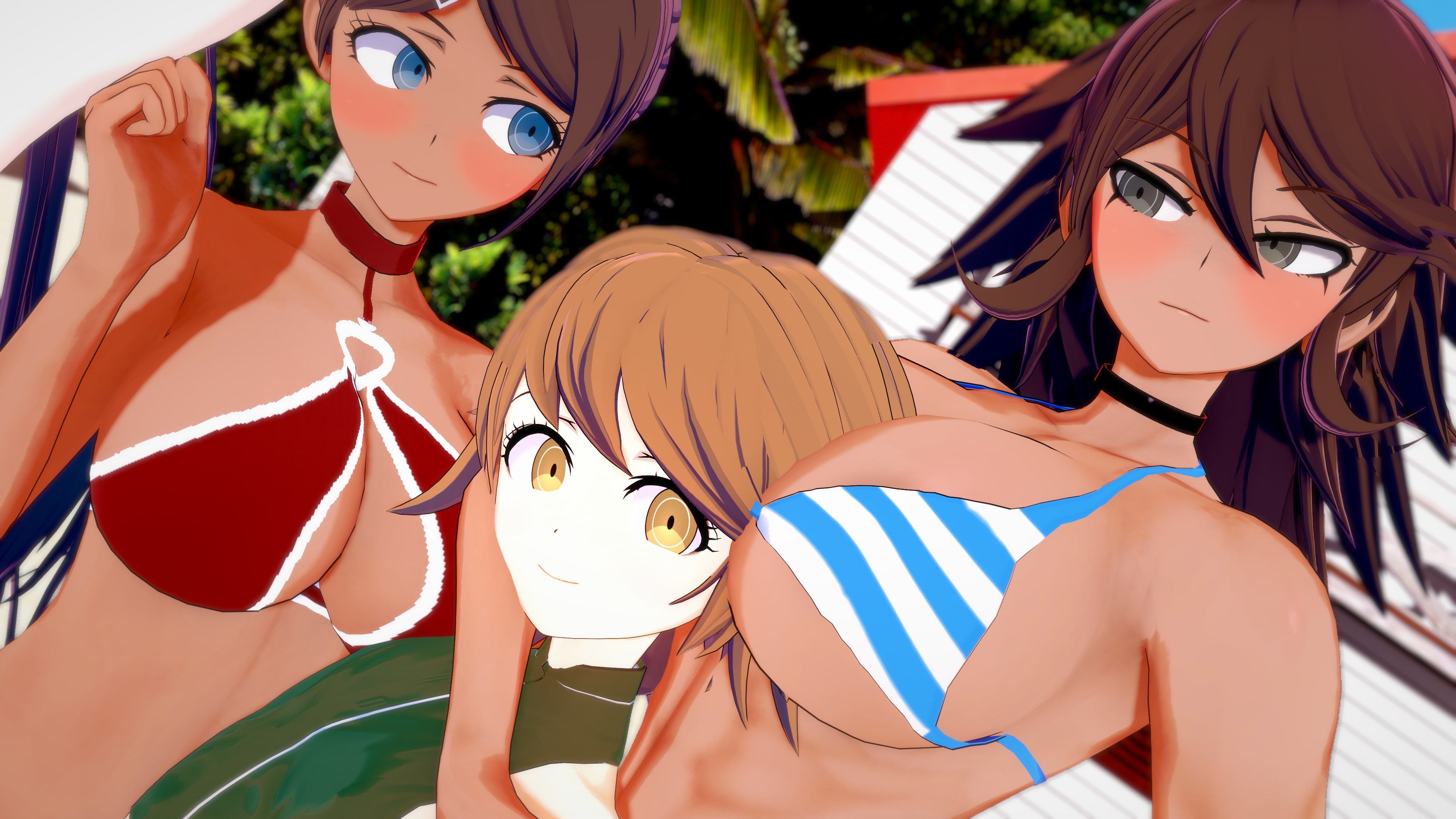 1boy, 2girls, 3d, asahina aoi, between breasts, big breasts, bikini, breast smother, breasts, danganronpa, female, femboy, fujisaki chihiro, hotel, koikatsu, large breasts, male, multiple females, multiple girls, owari akane, smile, smooth skin, tomboy