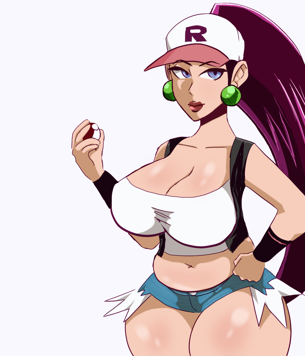 1girls baseball_cap blue_eyes breasts chubby chubby_female cleavage colored cosplay earrings erect_nipples female female_only fully_clothed hat hilda_(pokemon)_(cosplay) holding_poke_ball huge_breasts jessie_(pokemon) lips looking_at_viewer navel nipple_bulge pokeball pokemon ponytail purple_hair short_shorts shorts solo team_rocket thick_thighs thighs wide_hips xiceowl