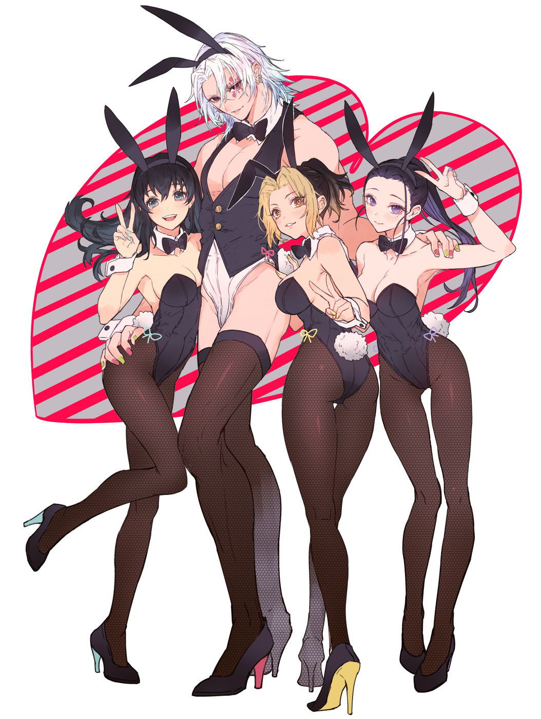 1boy 3girls alternate_costume ambush_(trap) black_hair bulge bunny_boy bunny_ears bunny_girl bunny_tail bunnysuit crossdressing demon_slayer detailed female fishnets hair_down high_heels hinatsuru_(kimetsu_no_yaiba) iwatokko kimetsu_no_yaiba makio_(kimetsu_no_yaiba) male male_playboy_bunny nail_polish pantyhose playboy_bunny polyamory silver_hair stockings suma_(kimetsu_no_yaiba) taller_male the_wives_(kimetsu_no_yaiba) thighhighs uzui_tengen