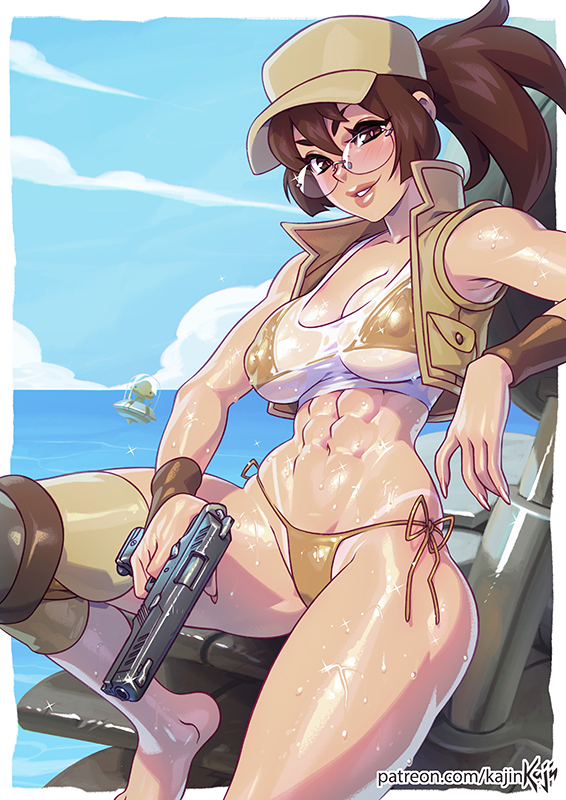 1girls, abs, beach, bikini, bikini under clothes, breasts, covered nipples, female, fio germi, glasses, gun, hat, kajinman, metal slug, nipple bulge, outdoors, see-through, sitting, snk, solo, tanline, weapon, wet clothes, wet t-shirt
