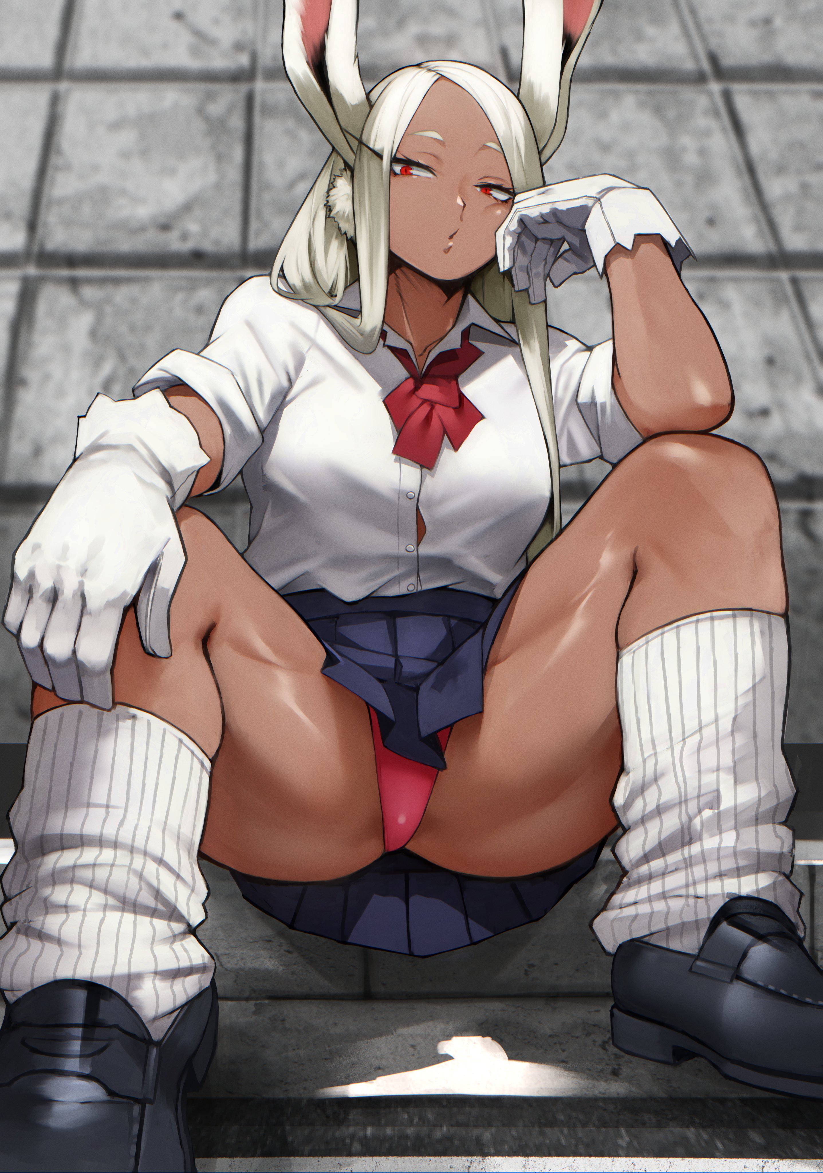 1girls, ass, bunny ears, bunny girl, bunny tail, dark skin, dark-skinned female, female, footwear fetish, gloves, loafers, miruko, muscular, muscular female, my hero academia, panties, pink panties, red eyes, rumi usagiyama, school uniform, schoolgirl, sitting, smile, solo, spread legs, thick ass, upskirt, white gloves, white hair, yoshi55level