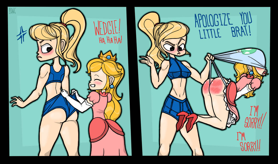 2girls, blonde hair, blue panties, casual outfit (metroid), comic, dialogue, digitalwedgieart, female, hanging wedgie, mario (series), metroid, multiple females, multiple girls, nintendo, panties, princess peach, print panties, punishment, samus aran, shorts, size difference, spanking, text, wedgie, wedgie spanking, yuri, zero suit samus