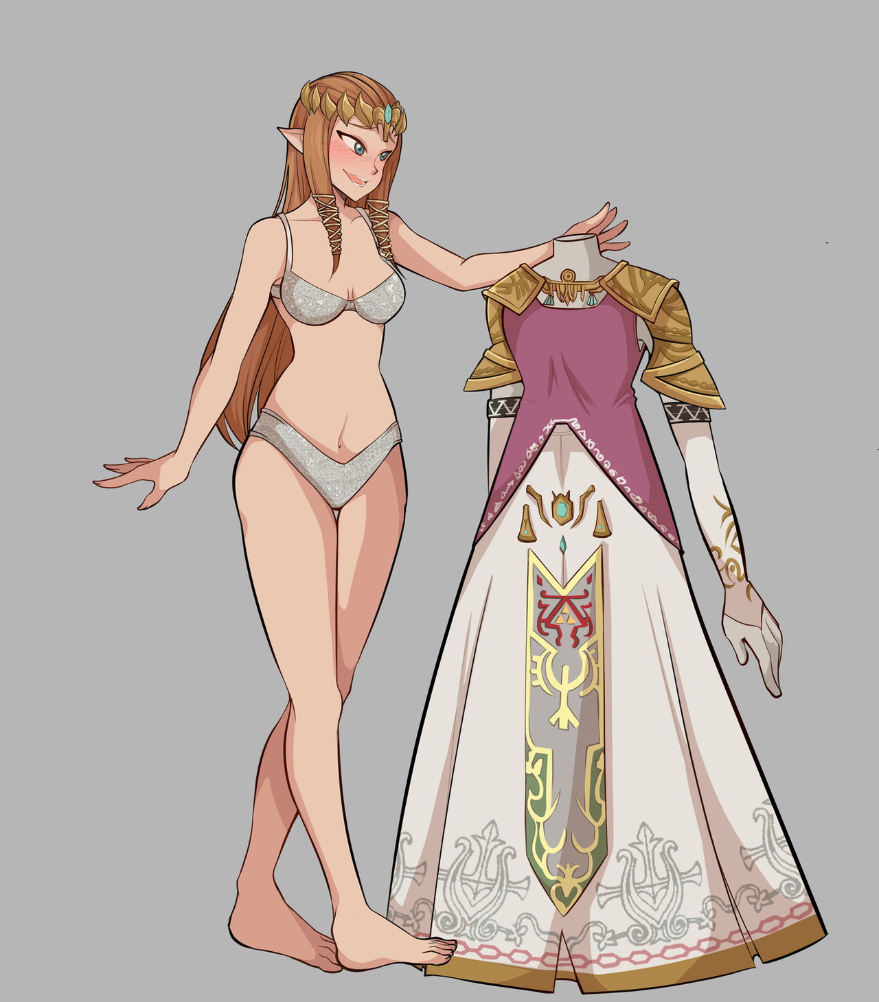 dress, elbow gloves, female, kktofus, mannequin, princess dress, princess zelda, shoulder armor, solo, the legend of zelda, twilight princess, underwear, undressed, zelda (twilight princess)