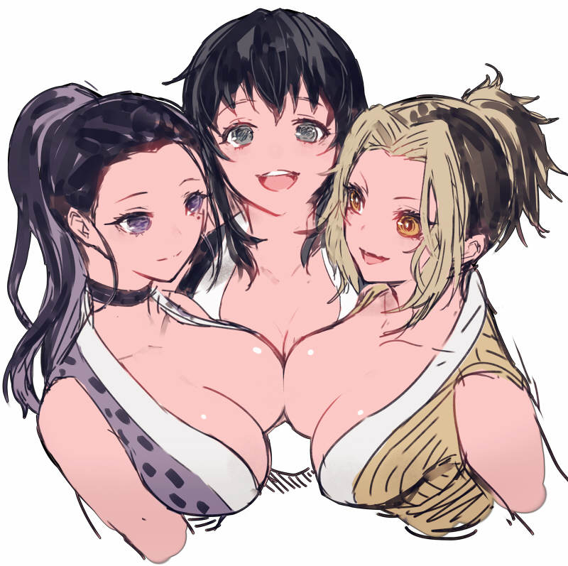 3girls amber_eyes black_hair choker cleavage demon_slayer female female_only hinatsuru_(kimetsu_no_yaiba) iwatokko kimetsu_no_yaiba kunoichi large_breasts makio_(kimetsu_no_yaiba) mole_under_eye multicolored_hair ponytail purple_eyes smile suma_(kimetsu_no_yaiba) the_wives_(kimetsu_no_yaiba) upper_body