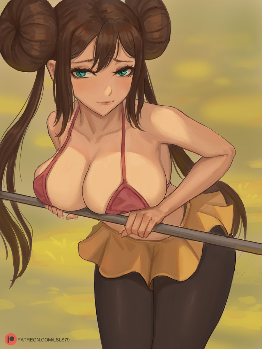 1girls, alternate breast size, big breasts, blue eyes, breasts, brown hair, double bun, eye contact, female, large breasts, looking at viewer, lsls, nintendo, pantyhose, pokemon, pokemon bw2, rosa (pokemon), solo, standing, thick thighs, twintails