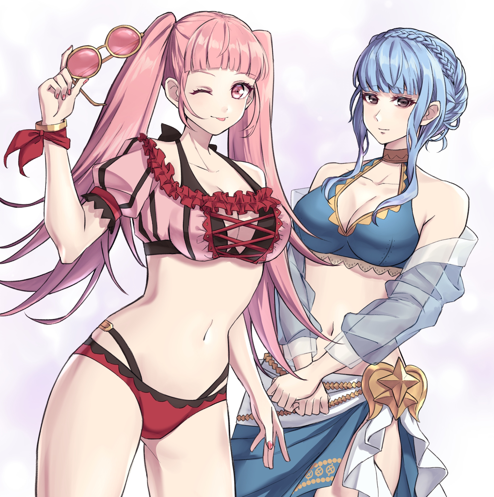 ;p, 2girls, alternate costume, bikini, black bikini, blue bikini, blue hair, blunt bangs, bracelet, breasts, brown eyes, cleavage, closed mouth, collarbone, cowboy shot, female, female focus, female only, fire emblem, fire emblem heroes, fire emblem: three houses, halterneck, high res, hilda valentine goneril, hilda valentine goneril (summer), holding, holding removed eyewear, intelligent systems, jewelry, long hair, looking at viewer, marianne von edmund, marianne von edmund (summer), matching hair/eyes, medium breasts, mismatched bikini, multi-strapped bikini, multiple females, multiple girls, nail polish, navel, nintendo, official alternate costume, one eye closed, pink eyes, pink hair, pink nails, pink-tinted eyewear, red bikini, sarong, see-through clothes, see-through sleeves, shinae, short sleeves, sidelocks, smile, standing, sunglasses, swimsuit, tinted eyewear, tongue, tongue out, unworn eyewear, very long hair, white background, wink, yellow-framed eyewear