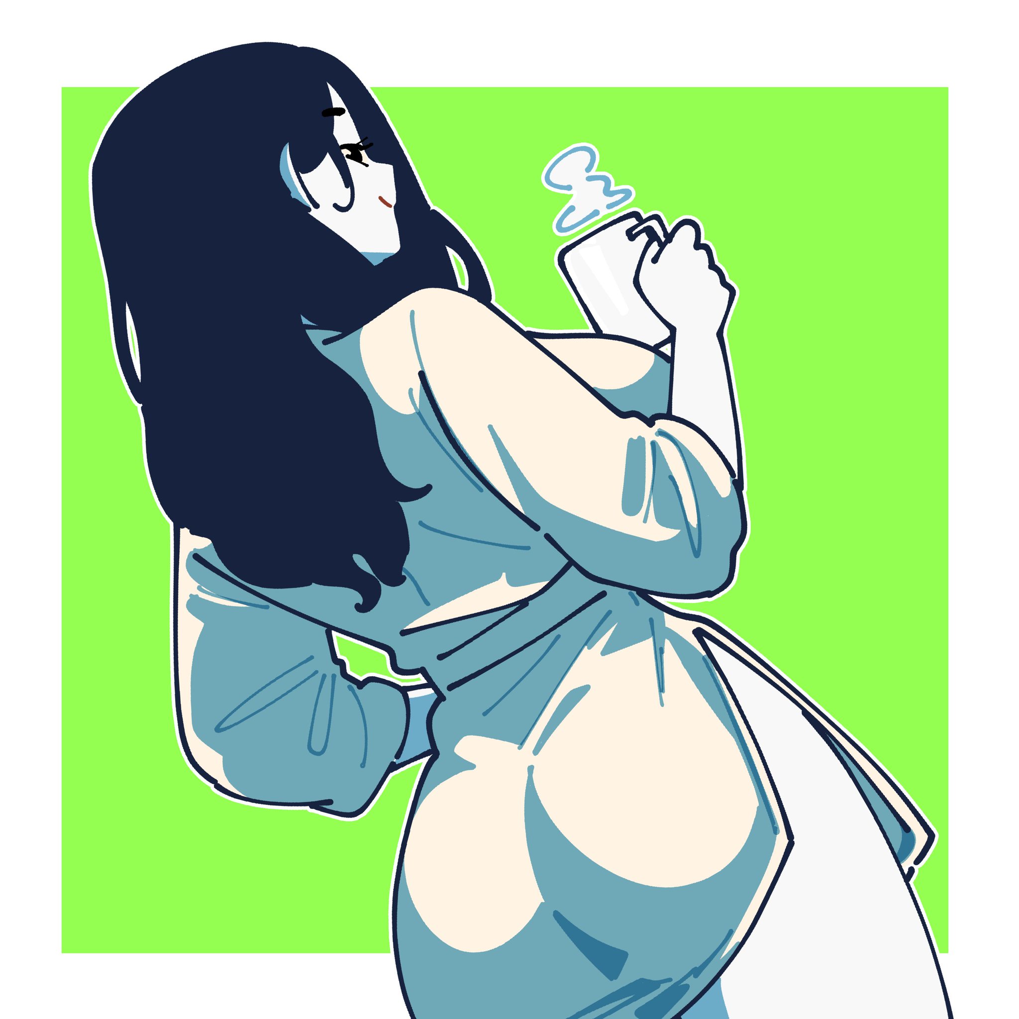 1girls, 2d, 2d (artwork), ass, ass focus, ass visible through clothes, black hair, breasts, coffee, coffee mug, color, female, female focus, female only, green background, holding object, large breasts, long hair, looking at viewer, looking back, mayu naisu, mug, oc, original, original character, robes, sideboob, smile, steam, thick thighs, thighs, white frame