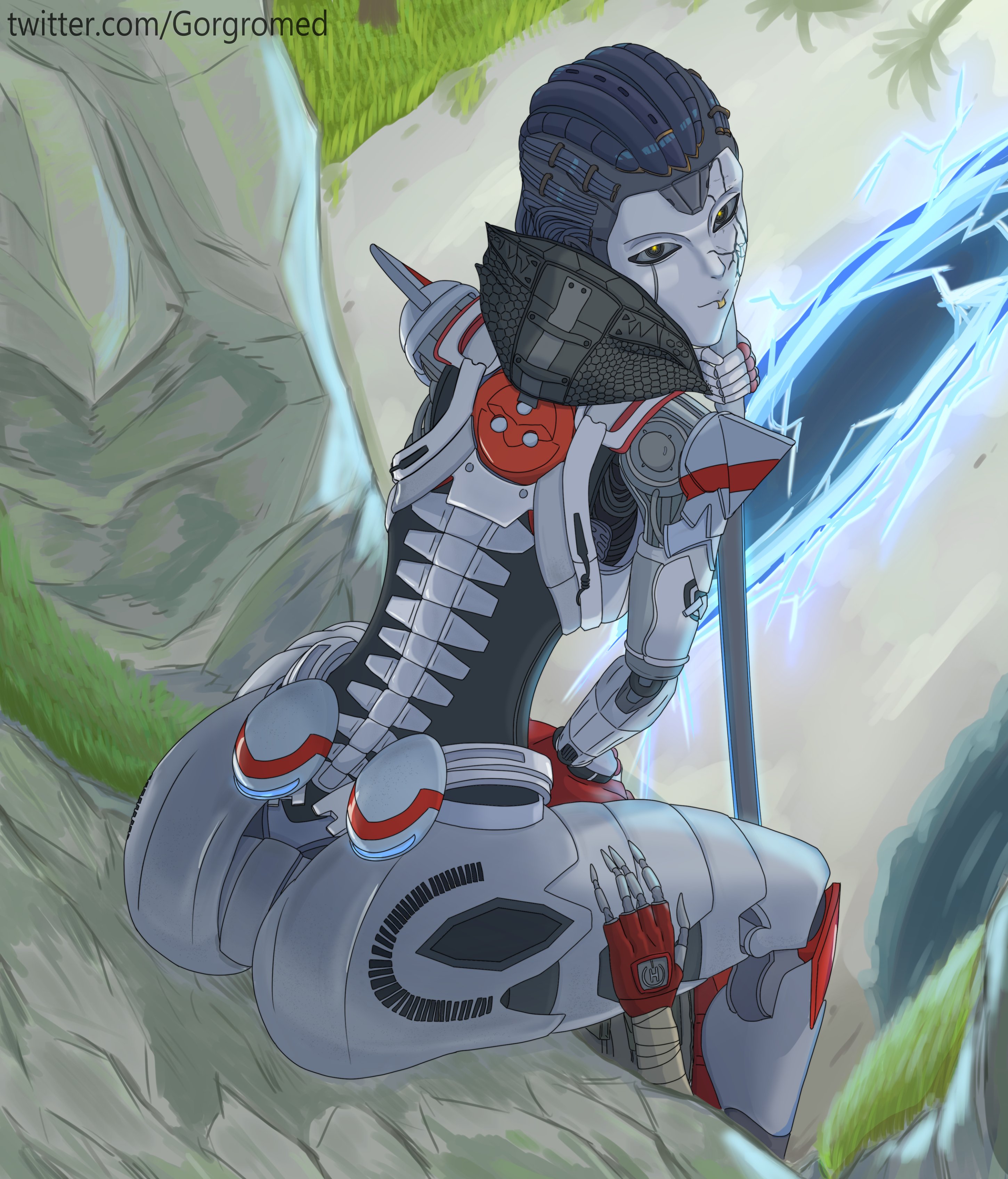1girls, 2021, 2d, apex legends, ash (apex legends), ash (titanfall), ass, background, electronic arts, female, gorgromed, highres, hips, mask, no humans, respawn entertainment, revenant (apex legends), robot, sitting, solo, sword