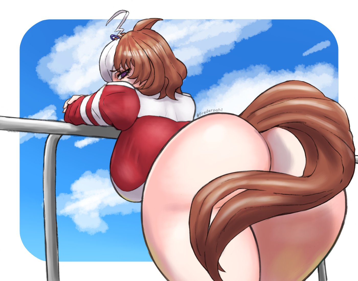 1girls, ahoge, ass, ass focus, brown hair, crossed arms, female, frederpahl, hair ribbon, horse ears, horse girl, horse tail, jacket, looking back, meisho doto (umamusume), partially clothed, purple eyes, rear view, ribbon, short hair, solo, solo female, sportswear, streaked hair, tail, umamusume, white streak