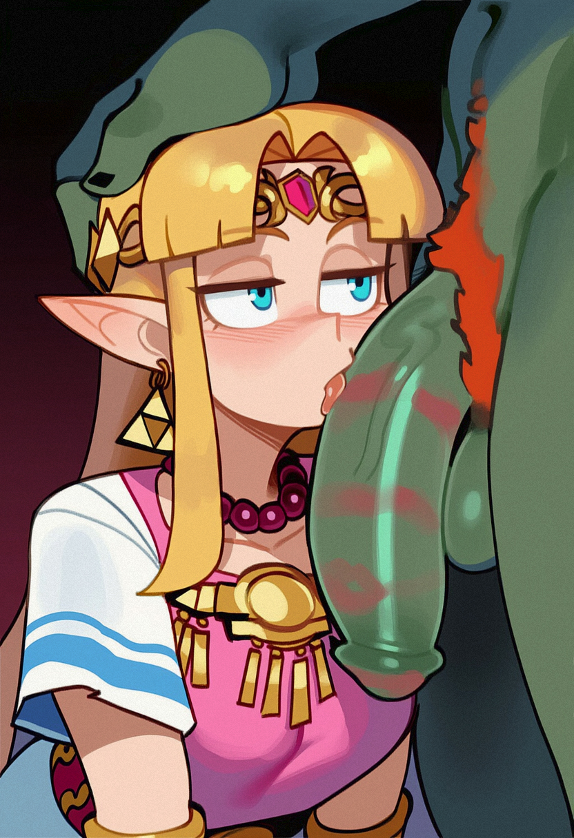 ai generated, balls, blonde hair, blue eyes, earrings, fellatio, female, flaccid, flaccid penis, ganondorf, green skin, hiita, hiita (artist), huge cock, kiss mark, large balls, licking penis, male, penis, princess zelda, pubic hair, straight, the legend of zelda, zelda (a link between worlds)