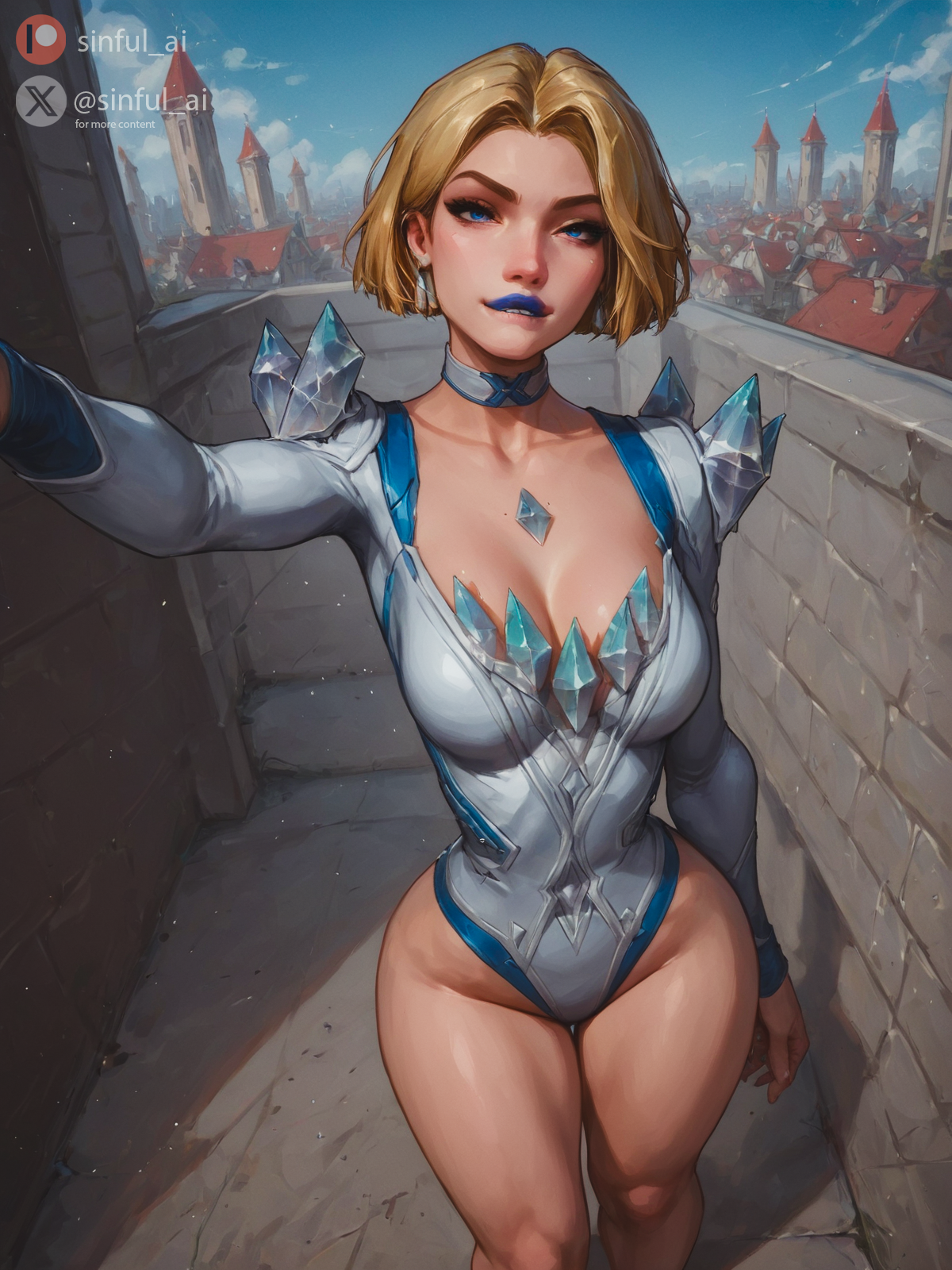 1girls, ai assisted, aisinful, ass, big ass, big breasts, blonde female, blonde hair, blue lipstick, bob cut, breasts, cleavage, emma frost, emma frost (marvel rivals), female, female only, hi res, large breasts, leotard, marvel, marvel comics, marvel rivals, selfie, solo, thick thighs, wide hips