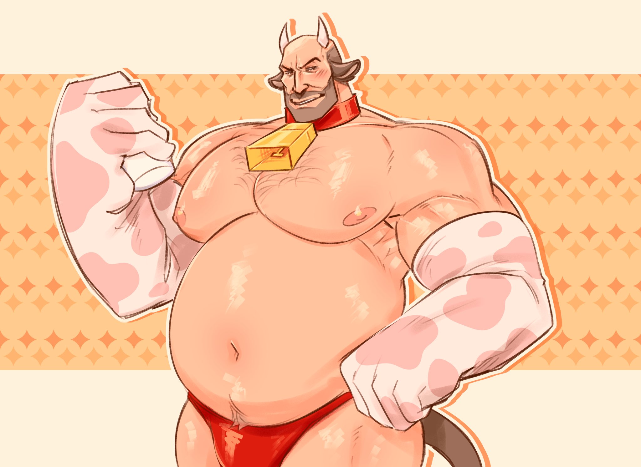 1boy, animal ears, bald, bald male, bara, bara tits, belly, big belly, big pecs, breasts, chest hair, chubby, chubby male, cow bell, cow bell collar, cow boy, cow ears, cow horns, cow print, cow tail, elbow gloves, fat, fat belly, fat male, fur, gay, heavy (team fortress 2), heavy weapons guy, human, human only, kemonomimi, large pectorals, light skin, light-skinned male, looking at viewer, male, male nipples, male only, maxthedarkegg, milk bottle, muscular, muscular male, nipples, obese, obese male, overweight, overweight male, solo, solo focus, solo male, strongfat, stubble, team fortress 2, thong, yaoi