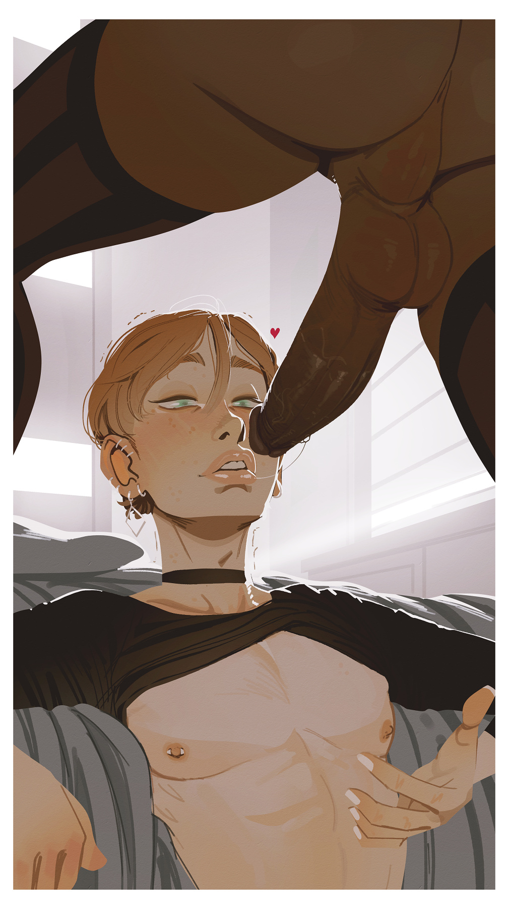 1boy, 1futa, backsack, balls, ballsack, brown hair, choker, clothes lift, dark skin, dark-skinned futa, ear piercing, earrings, femboy, freckles, futa on femboy, futa on male, futanari, girly, green eyes, heart, hi res, incase, intersex, light skin, light-skinned male, looking at penis, male, male focus, narrowed eyes, nipple piercing, nipples, penis, piercing, short hair, stockings