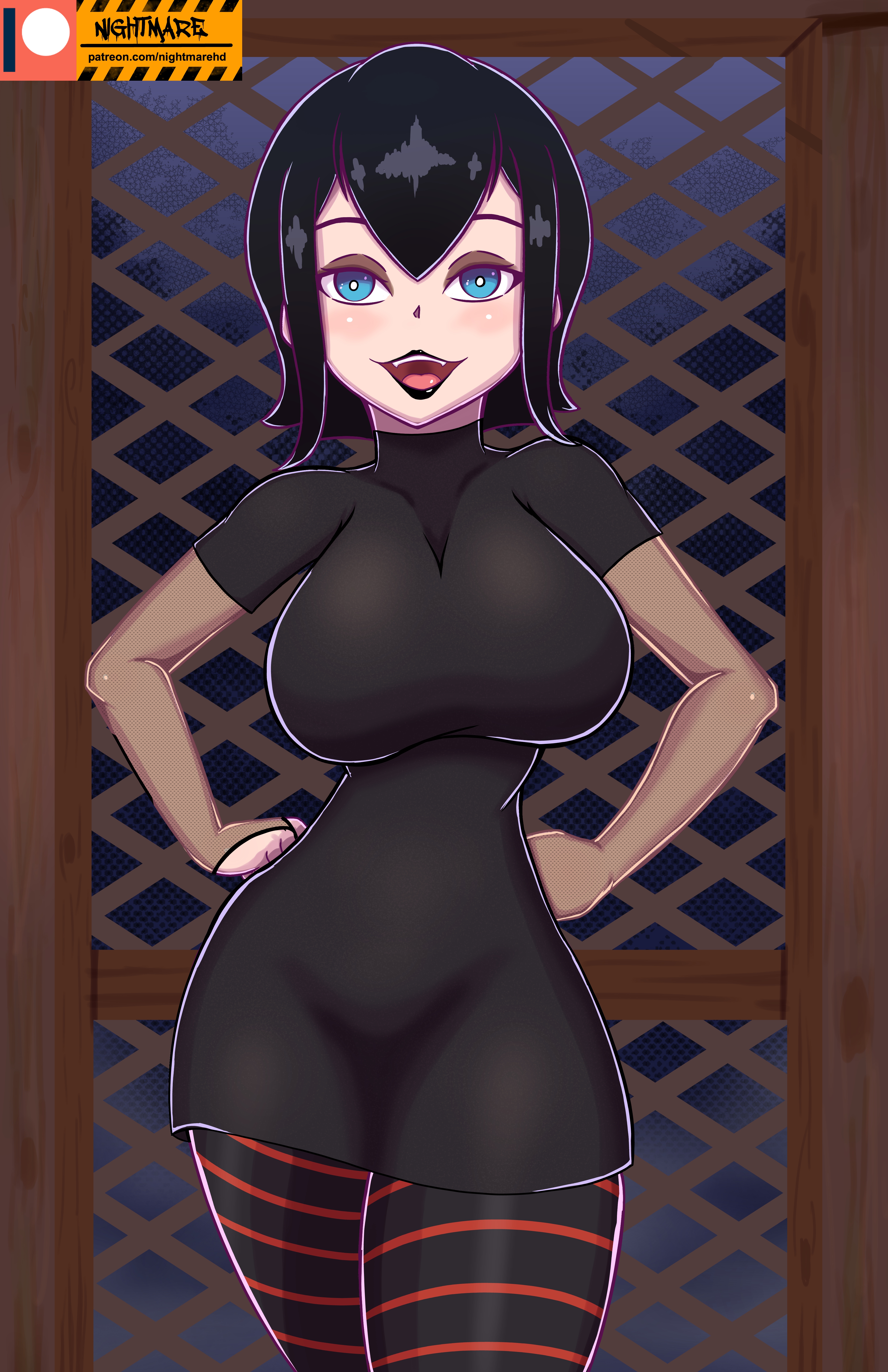 1girls, alternate version available, big breasts, black dress, black hair, black lipstick, blue eyes, blush, breasts, bridal gauntlets, clothed, clothes, clothing, cowboy shot, curvaceous, curvy, dress, eyebrows, female, female focus, female only, hair, hair between eyes, hand on waist, hotel transylvania, huge breasts, light skin, light-skinned female, lips, lipstick, looking at viewer, makeup, mavis dracula, monster, monster girl, nightmare hdraw, open mouth, pale skin, pale-skinned female, shiny hair, short hair, smile, smiling, solo, solo female, solo focus, striped thighhighs, teeth, thick thighs, thighhighs, thighs, tight clothes, tight clothing, tight dress, tongue, vampire