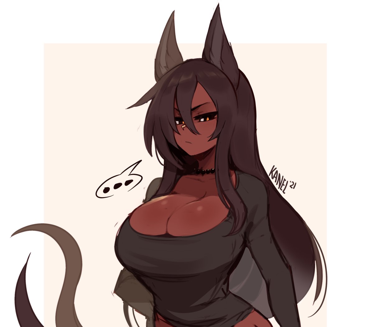 1girls, animal ears, big breasts, black hair, breasts, cleavage, clothed, clothing, dark skin, dark-skinned female, female, female only, fox girl, fox tail, half-closed eyes, humanoid, kammi (kanel), kanel, kemonomimi, solo, standing, tail, wide hips