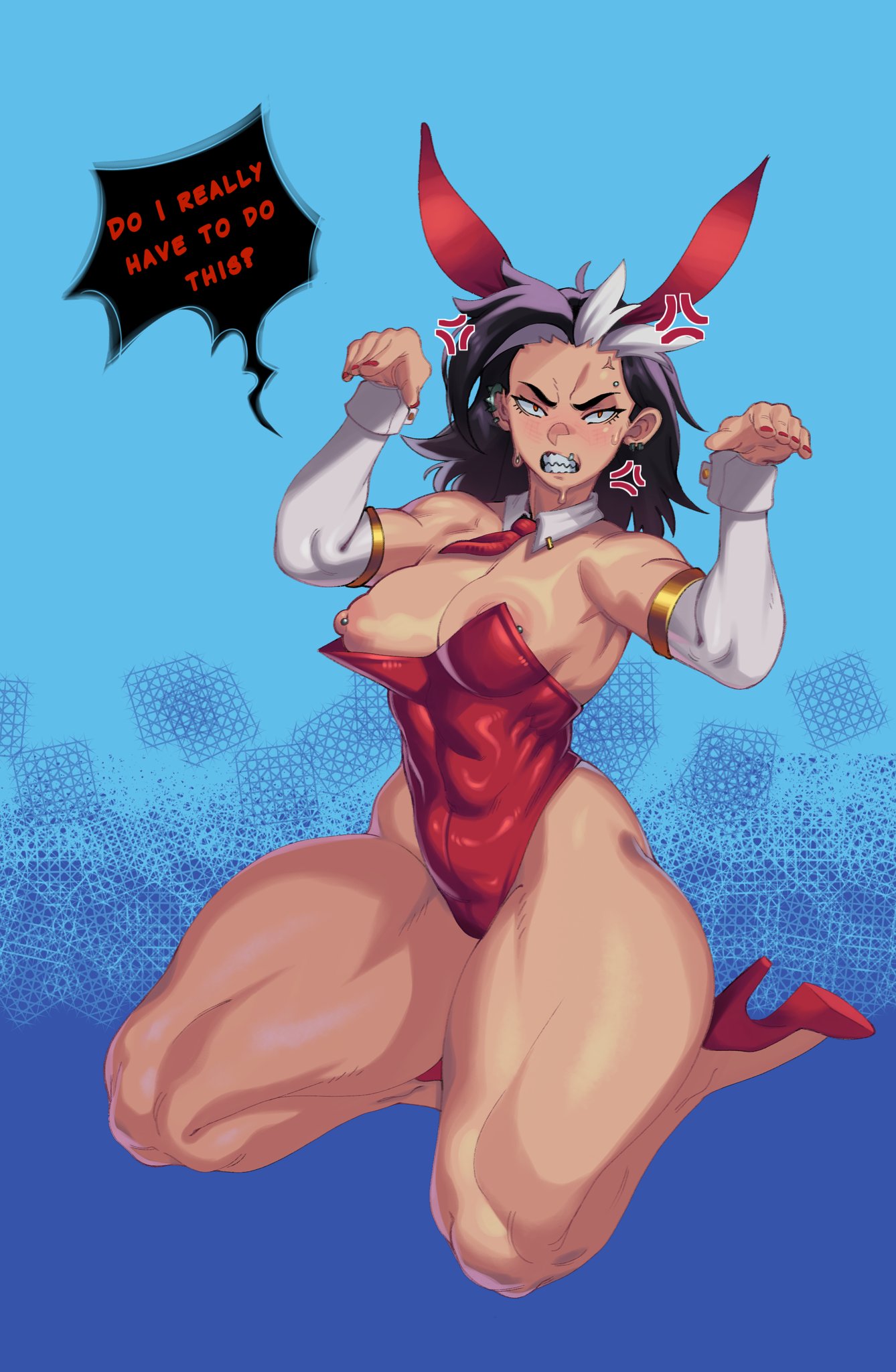 1girls, anger vein, angry, angry face, bunny ears, bunny girl, bunnysuit, dark hair, ear piercing, eyebrow piercing, female, grey streaks, lip piercing, mertius, nipple piercing, nipples, piercing, speech bubble, sweat, sweatdrop, text, text bubble, thick thighs, two-tone hair