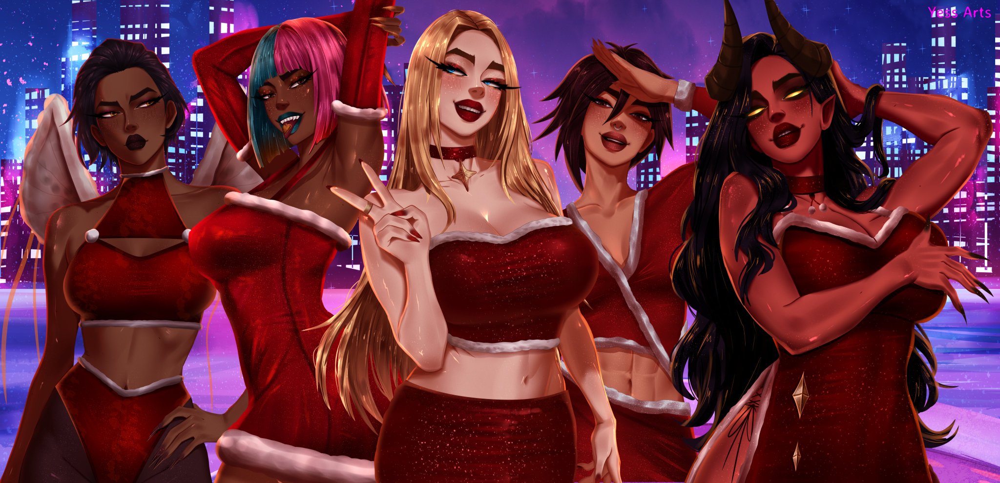 5girls, alice (dispatch), ass, big ass, big breasts, big thighs, blonde blazer, blue hair, breasts, bust, busty, chest, christmas, christmas outfit, coupe, courtney (dispatch), curvaceous, curvy, curvy figure, dark skin, dark-skinned female, demon, demon girl, demoness, digital media (artwork), dispatch (game), female, half demon, half-demon, hips, horns, hourglass figure, huge ass, huge breasts, huge thighs, invisigal, janelle (dispatch), large ass, large breasts, large thighs, legs, light skin, light-skinned female, malevola gibb, mandy (dispatch), mature, mature female, mature female hair, multiple girls, pink hair, prism, red body, red skin, red-skinned female, slim waist, tan body, tan skin, tan-skinned female, thick, thick hips, thick legs, thick thighs, thighs, tomboy, voluptuous, waist, wide hips, wide thighs, yellow eyes, yessarts