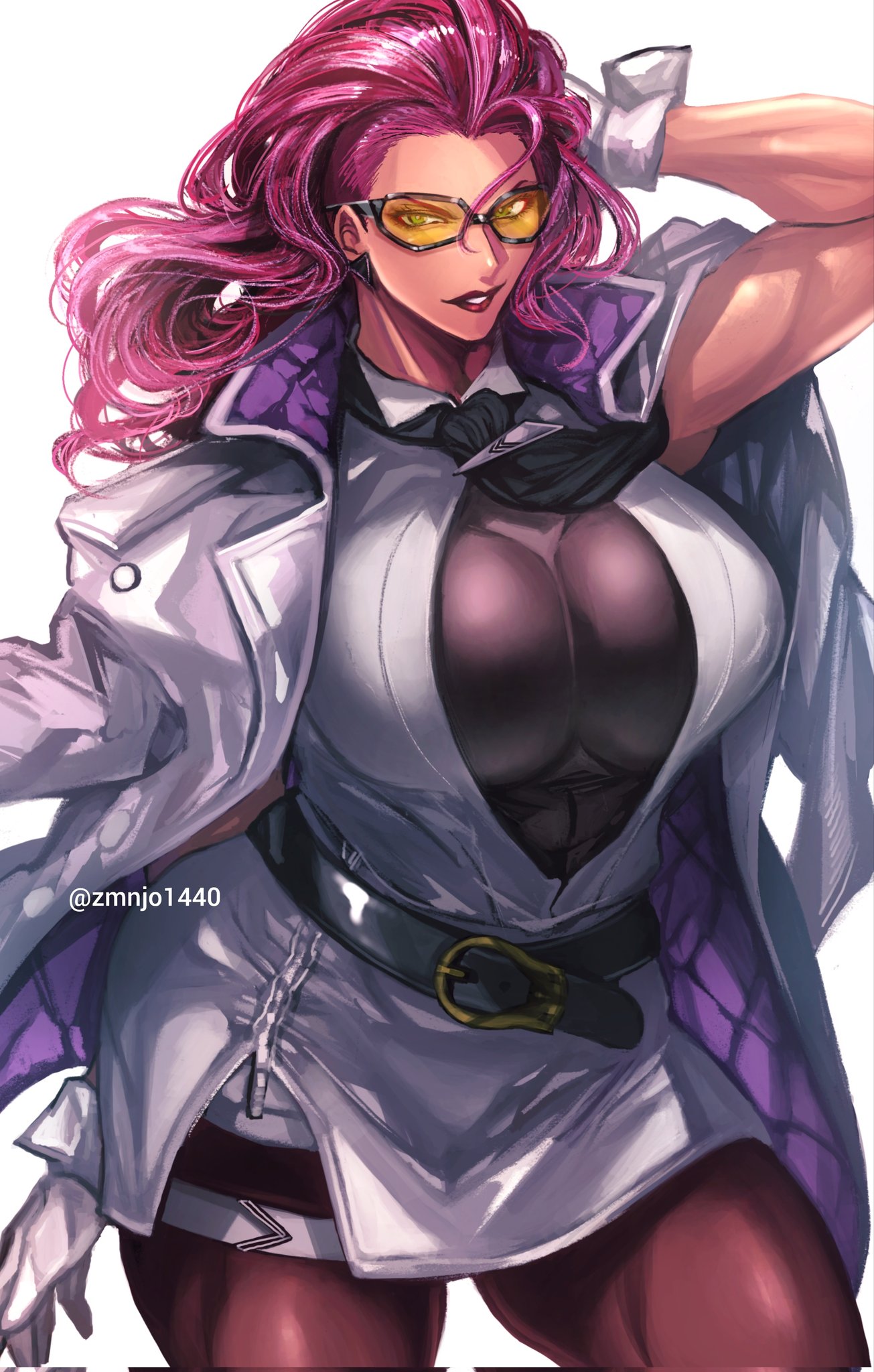1girls, arm behind head, belt, belted skirt, big hair, black belt, black necktie, breasts, brown pantyhose, clothing, coat, coat on shoulders, crimson viper, dress, earrings, female, glasses, gloves, hair flip, hair pulled back, hair slicked back, hand in own hair, hand on own head, huge breasts, jacket, jacket on shoulders, jewelry, large breasts, lips, lipstick, long hair, looking at viewer, loose belt, makeup, mature female, milf, muscular, muscular female, necktie, orange-tinted eyewear, pantyhose, parted lips, pink hair, purple hair, short dress, skirt, sleeveless, solo, street fighter, street fighter 6, sunglasses, thick thighs, thigh strap, thighs, tinted eyewear, tomboy, white coat, white dress, white gloves, white jacket, wrist cuffs, zmnjo1440