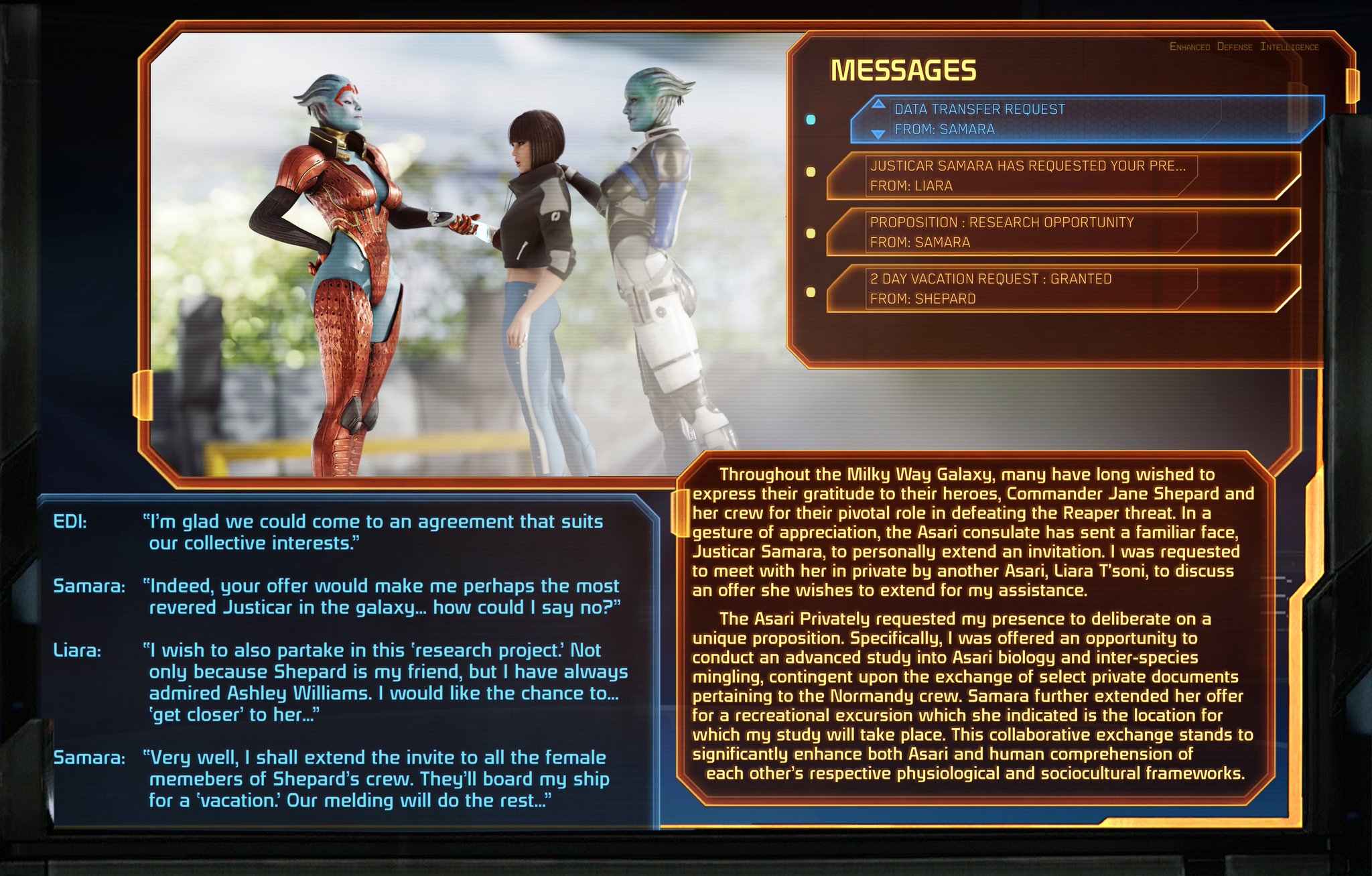 3d, 3girls, alien, alien girl, alien humanoid, asari, ass, big ass, big breasts, bioware, blue body, blue skin, blue-skinned female, breasts, bust, busty, chest, curvaceous, curvy, curvy figure, dinoboy555, drdabblur, edi, edi (human), electronic arts, female, hair tentacles, hips, hourglass figure, huge ass, huge breasts, humanoid, impregnation, interspecies, large ass, large breasts, legs, liara t'soni, mass effect, mature, mature female, samara, slim waist, tentacle hair, thick, thick hips, thick legs, thick thighs, thighs, top heavy, voluptuous, voluptuous female, waist, wide hips