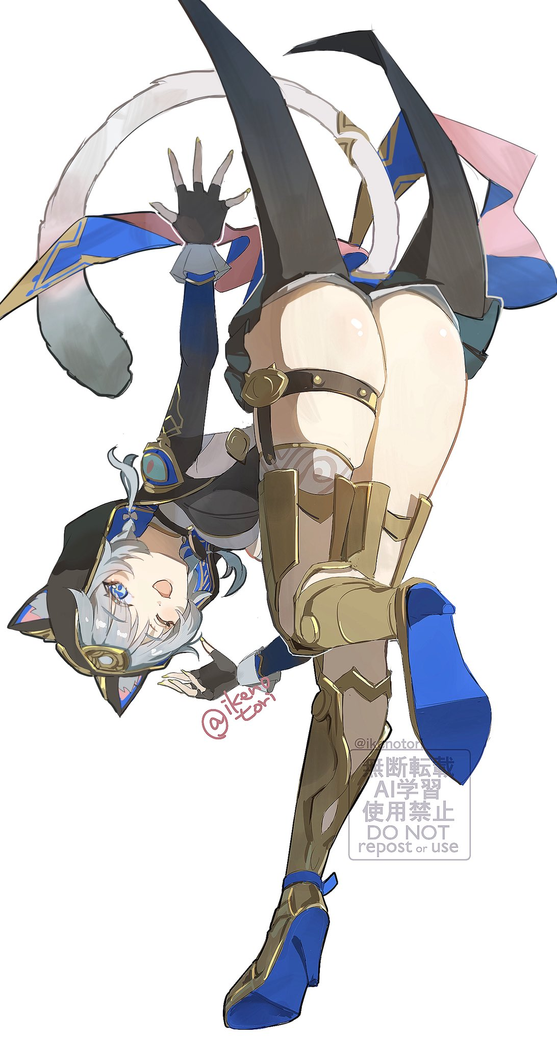 2025, artist signature, ass, bending over, blue eyes, cat ears, cat girl, cat tail, catgirl, cipher (honkai: star rail), female, fingerless gloves, grey hair, high heel boots, honkai (series), honkai: star rail, hoyoverse, ikenotori, light skin, light-skinned female, looking at viewer, mihoyo, questionable, silver hair, thigh strap, thighs, thighs focus, watermark, white background, white skinned female, white-skinned female, wink, winking at viewer