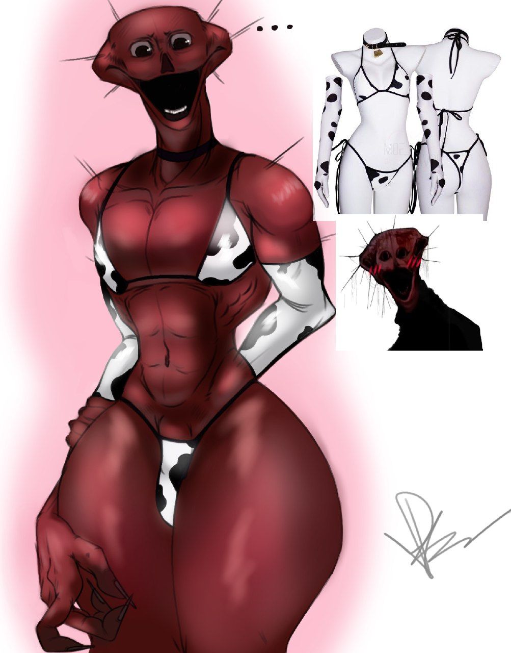artist signature, big hands, bikini, cow print, creepy, doctor nowhere, large hands, meme, monster, mutsuhiro watanabe (real life), outfit, phen-228, simple background, the boiled one phenomenon, thick thighs