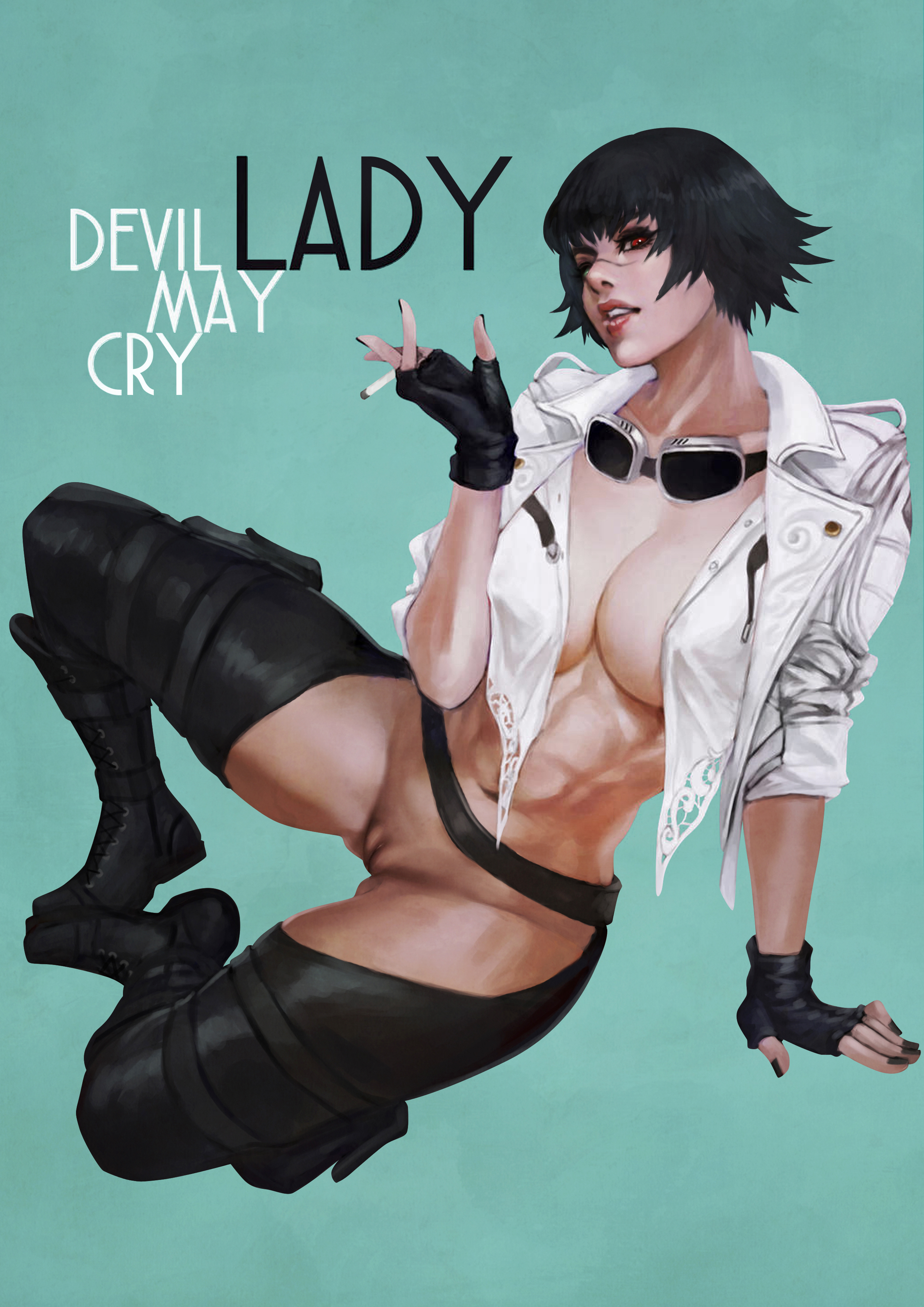 1girls, 2d, big breasts, black hair, blouse, bob cut, breasts, cigarette, cleavage, devil may cry, devil may cry (series), devil may cry 5, eyelashes, eyeliner, eyeshadow, eyewear removed, female, female only, gloves, heterochromia, jacket, lady (devil may cry), leather, leather jacket, legs apart, lipstick, makeup, monorirogue, nail polish, nipples, nipples visible through clothing, pussy, red eyes, shaved pussy, shirt, short black hair, short hair, solo, spread legs, vagina