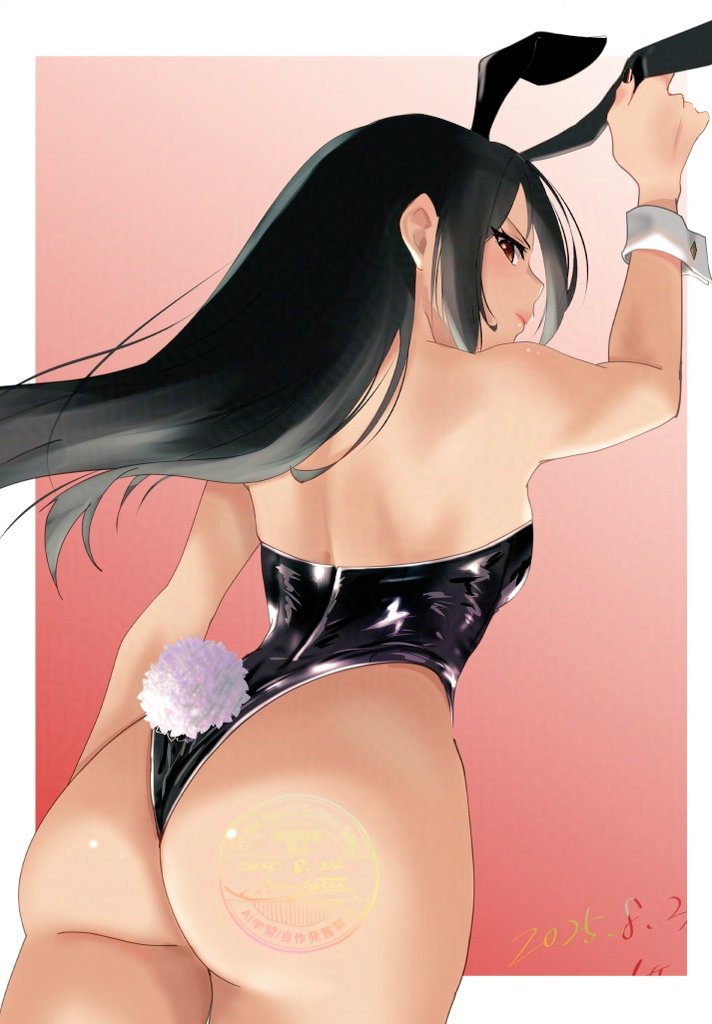 1girls, alternate costume, ass, ass focus, back, back view, backless outfit, bare back, bare shoulders, big ass, big butt, black clothing, black hair, black leotard, breasts, brown eyes, bubble ass, bubble butt, bunny ears, bunny girl, bunny tail, bunnysuit, cufflings, cufflink, curvaceous, curvy, curvy female, curvy figure, exposed back, fake tail, fat ass, female, female focus, female only, huge ass, huge butt, large ass, leotard, light skin, light-skinned female, long hair, monolith soft, morag ladair (xenoblade), nayuta-kanata, nayuta-knt, nintendo, rear view, red eyes, simple background, solo, solo female, solo focus, tagme, tail, thick thighs, thighs, viewed from behind, voluptuous, voluptuous female, xenoblade (series), xenoblade chronicles (series), xenoblade chronicles 2
