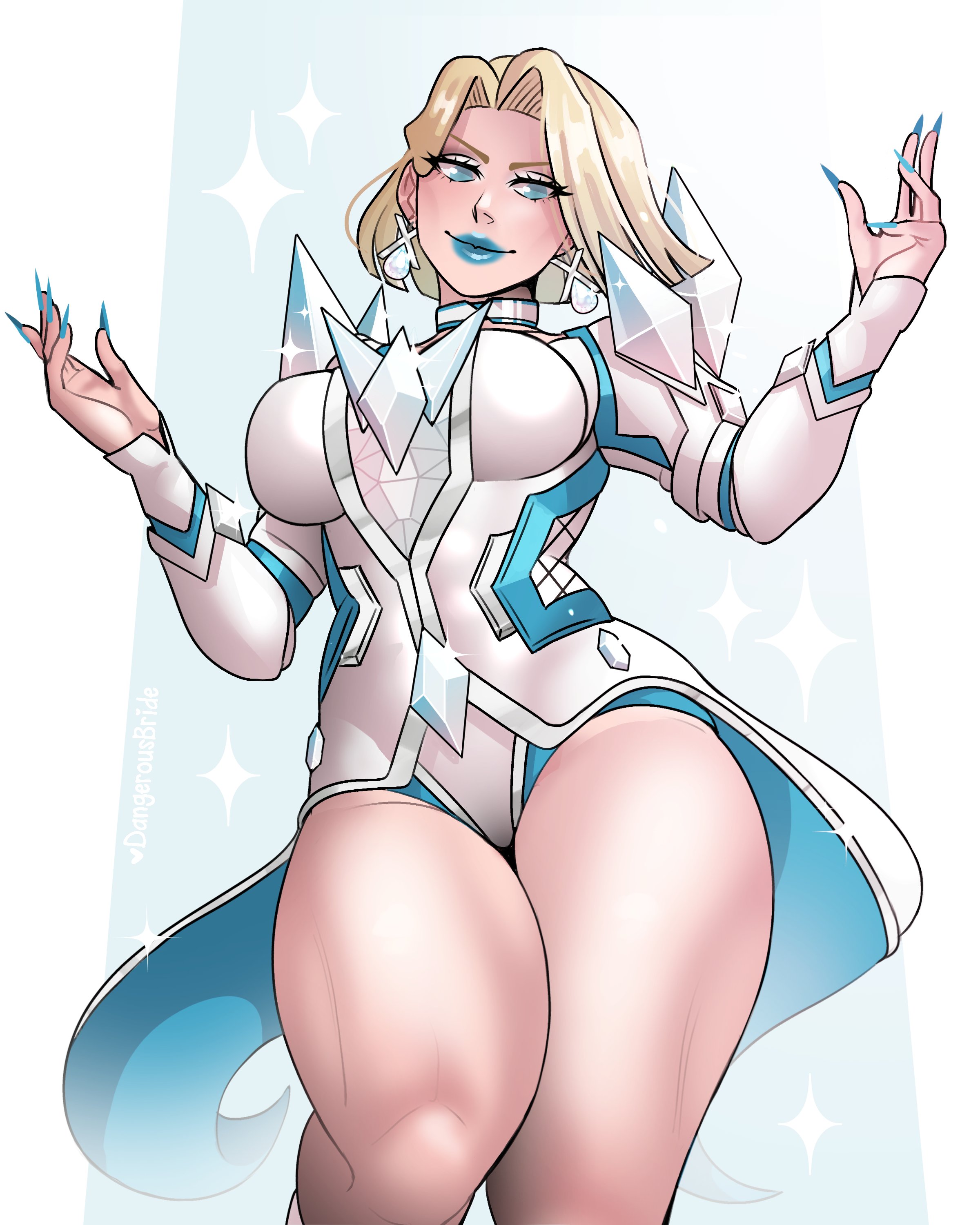 1girls, 2025, 2d, 2d (artwork), action pose, blonde female, blonde hair, blue eyes, blue lipstick, blue nail polish, blue nails, bob cut, clothed, clothed female, clothing, dangerousbride, earrings, emma frost, emma frost (marvel rivals), female, female only, looking at viewer, marvel, marvel comics, marvel rivals, sfw, sharp fingernails, smiling, smiling at viewer, solo, solo female, thick thighs, very high resolution, x-men