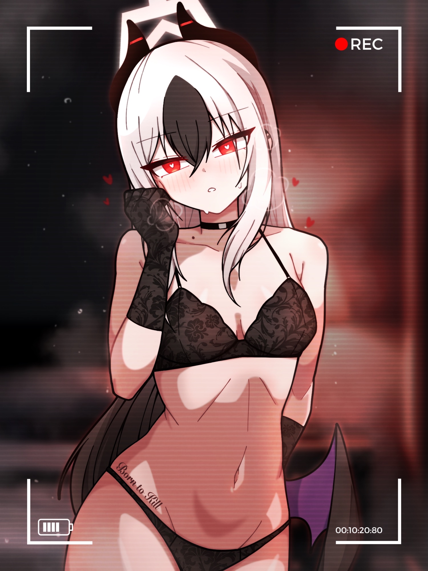 1girls, blue archive, choker, female, female only, filming, halo, horns, kayoko (blue archive), lingerie, long hair, looking at viewer, manli, recording, red eyes, solo female, white hair